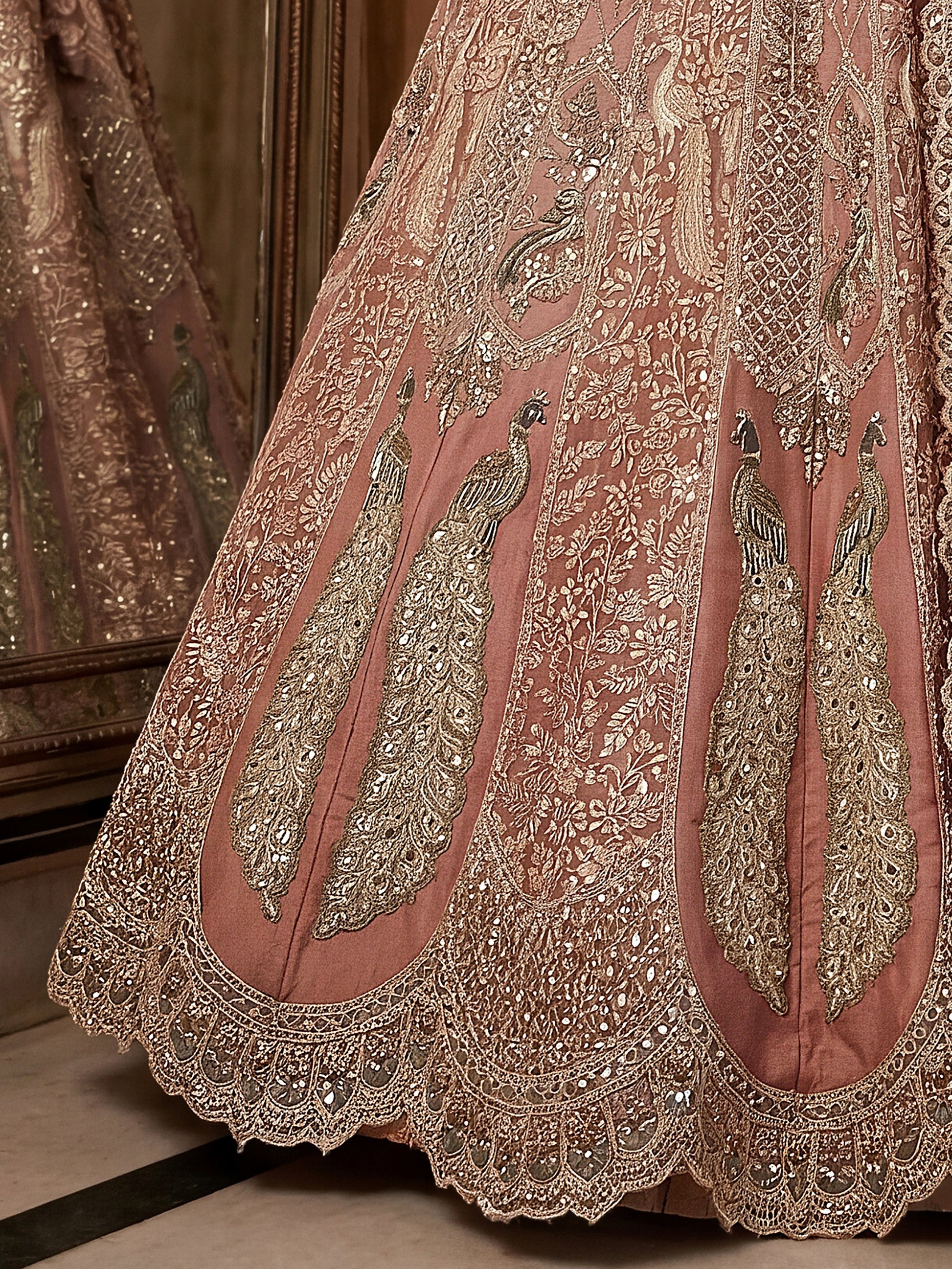Sparkling Dusty Rose  Embroidered  Tissue Wedding Wear Lehenga Choli With Dupatta