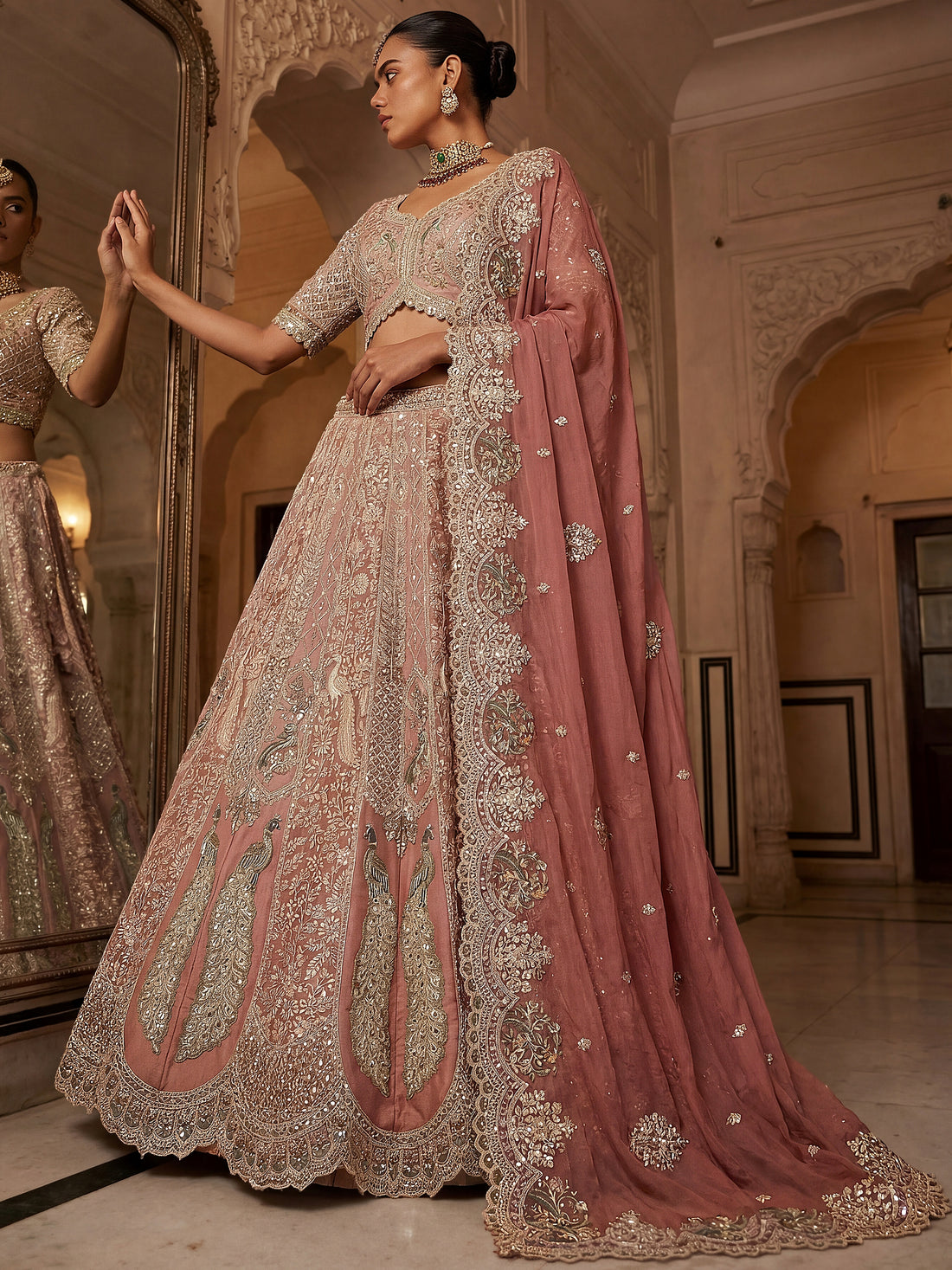 Sparkling Dusty Rose  Embroidered  Tissue Wedding Wear Lehenga Choli With Dupatta