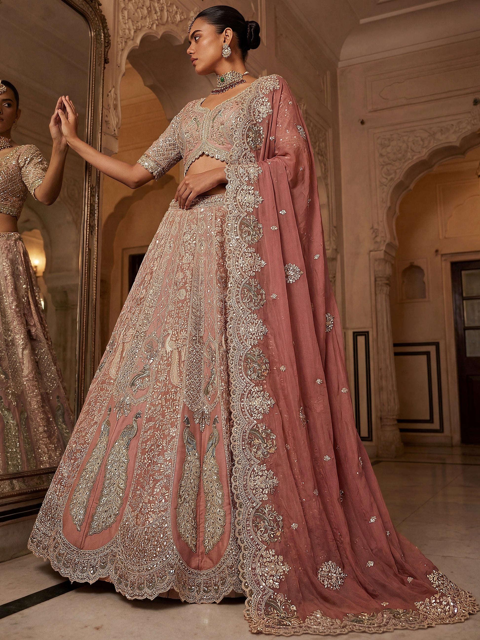 Sparkling Dusty Rose  Embroidered  Tissue Wedding Wear Lehenga Choli With Dupatta
