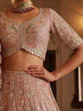 Sparkling Dusty Rose  Embroidered  Tissue Wedding Wear Lehenga Choli With Dupatta