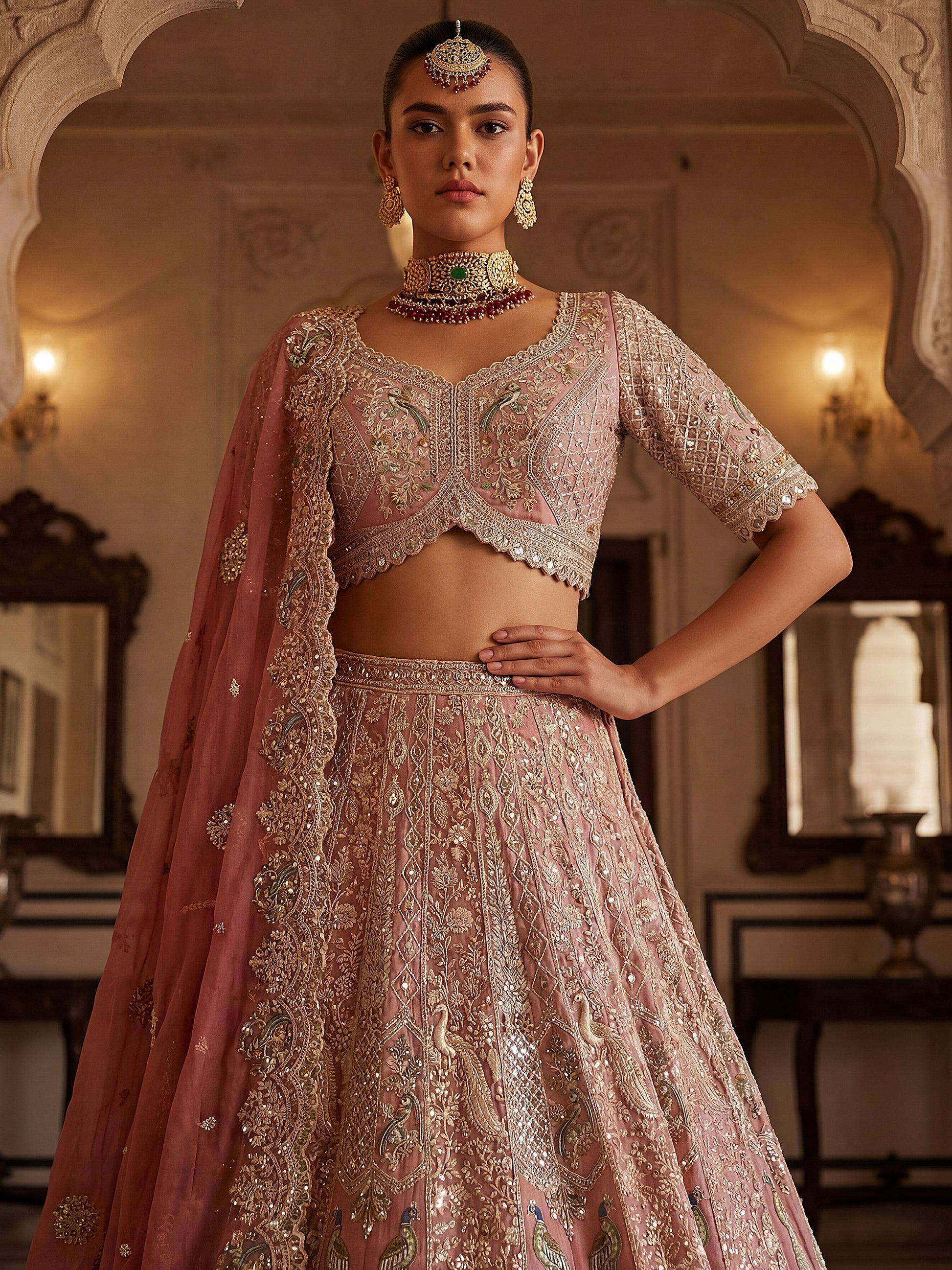 Sparkling Dusty Rose  Embroidered  Tissue Wedding Wear Lehenga Choli With Dupatta