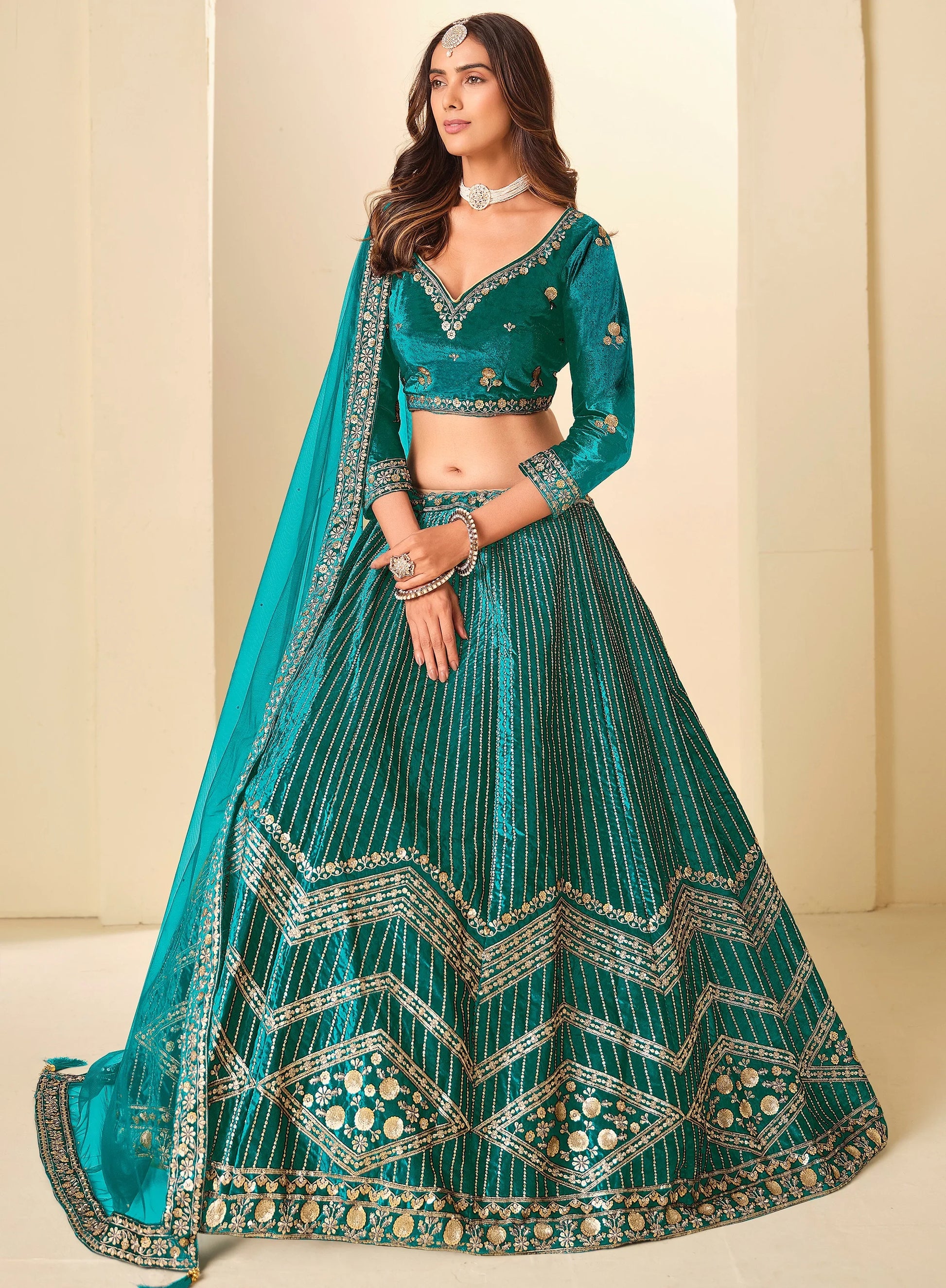 Precious Teal Green Sequins Work Velvet Bridesmaid Wear Lehenga Choli With Dupatta