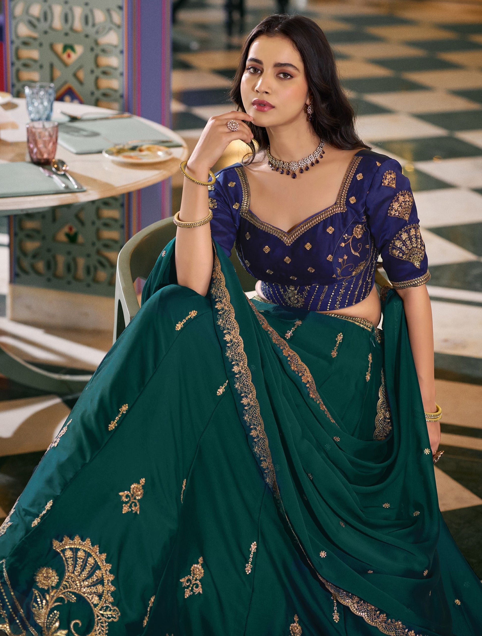 Sparkling Dark Green Embroidery Silk Wedding Wear Lehenga Choli With Dupatta