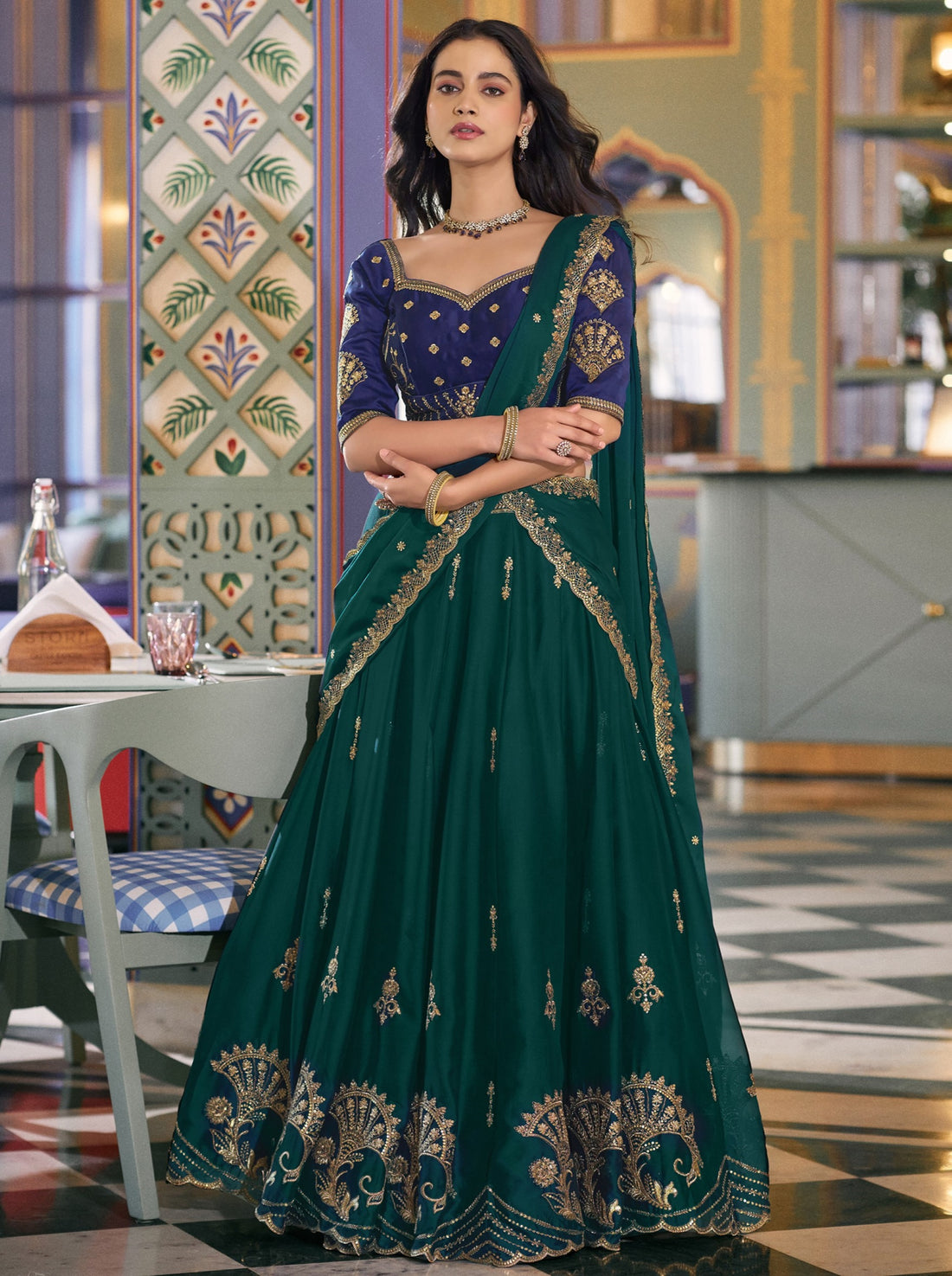 Sparkling Dark Green Embroidery Silk Wedding Wear Lehenga Choli With Dupatta