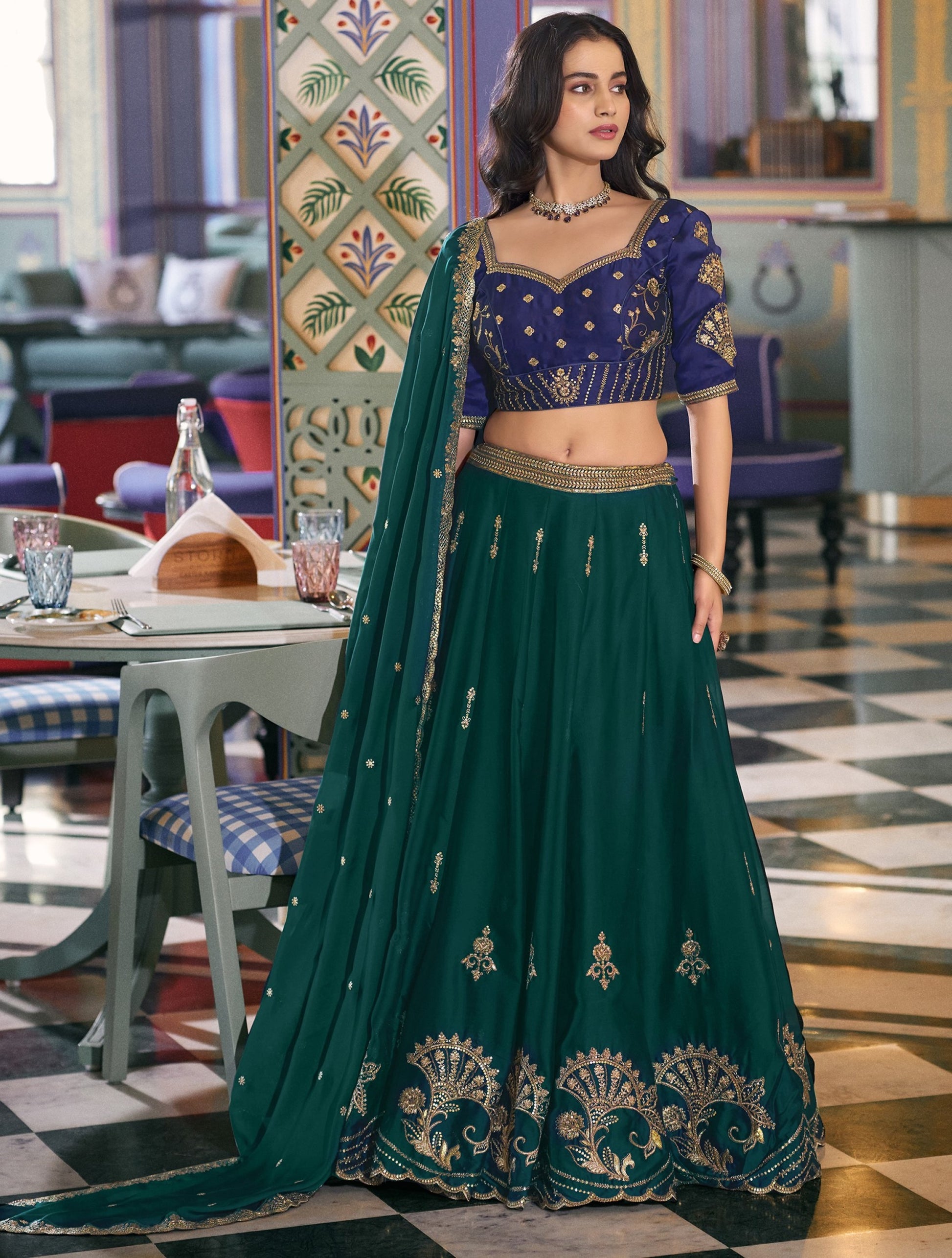 Sparkling Dark Green Embroidery Silk Wedding Wear Lehenga Choli With Dupatta
