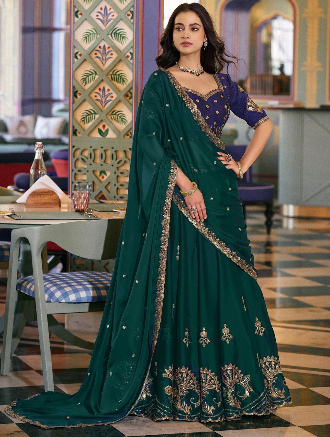 Sparkling Dark Green Embroidery Silk Wedding Wear Lehenga Choli With Dupatta