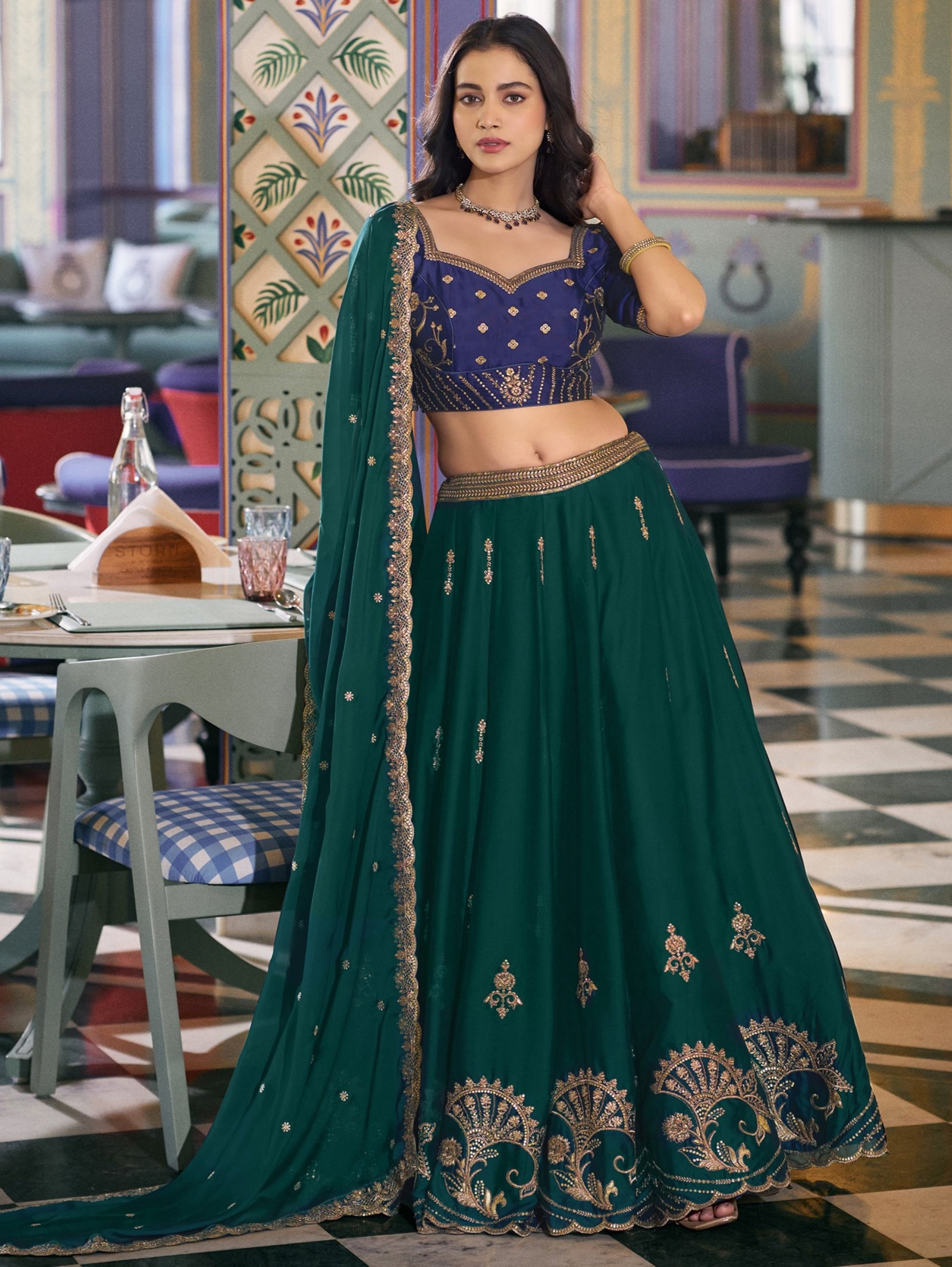 Sparkling Dark Green Embroidery Silk Wedding Wear Lehenga Choli With Dupatta
