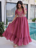 Outstanding Dusty Pink Floral Embroidery Chanderi Party Wear Dress