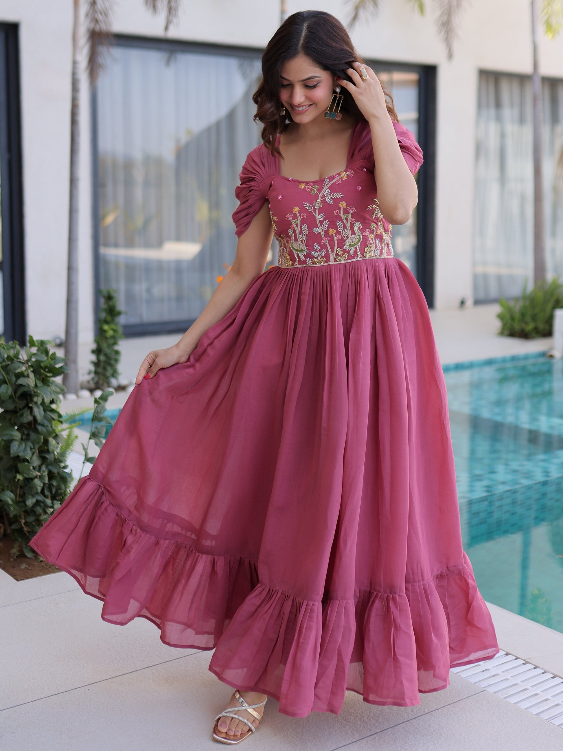 Outstanding Dusty Pink Floral Embroidery Chanderi Party Wear Dress