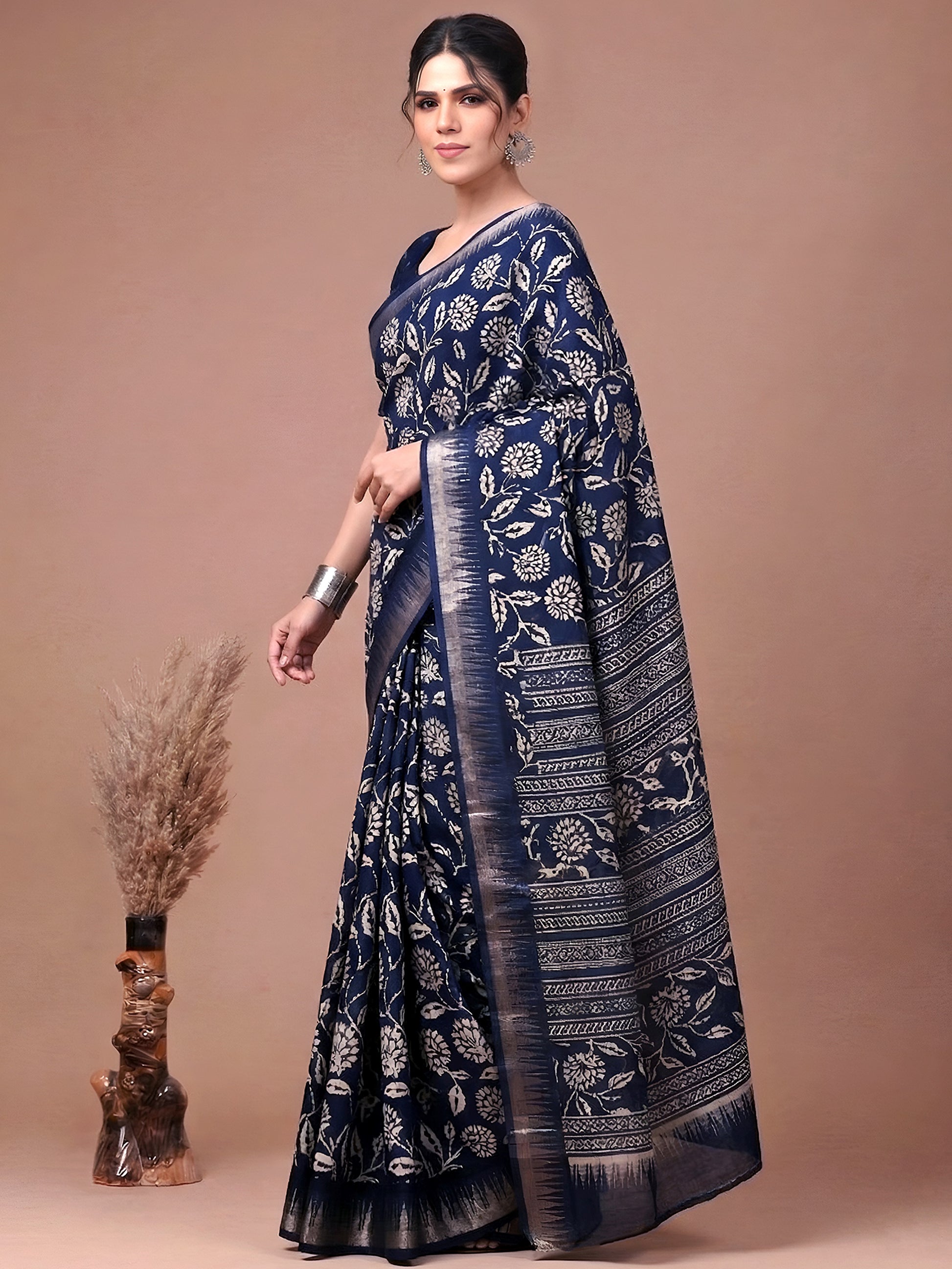 Precious  Navy Blue Floral Printed Silk Casual Wear Saree With Blouse