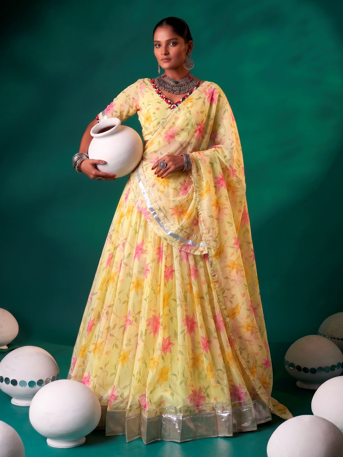 Sunny Yellow Floral Printed Silk Haldi Wear Lehenga Choli