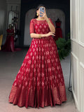 Regal Maroon Zari Woven Cotton Festive Wear Gown