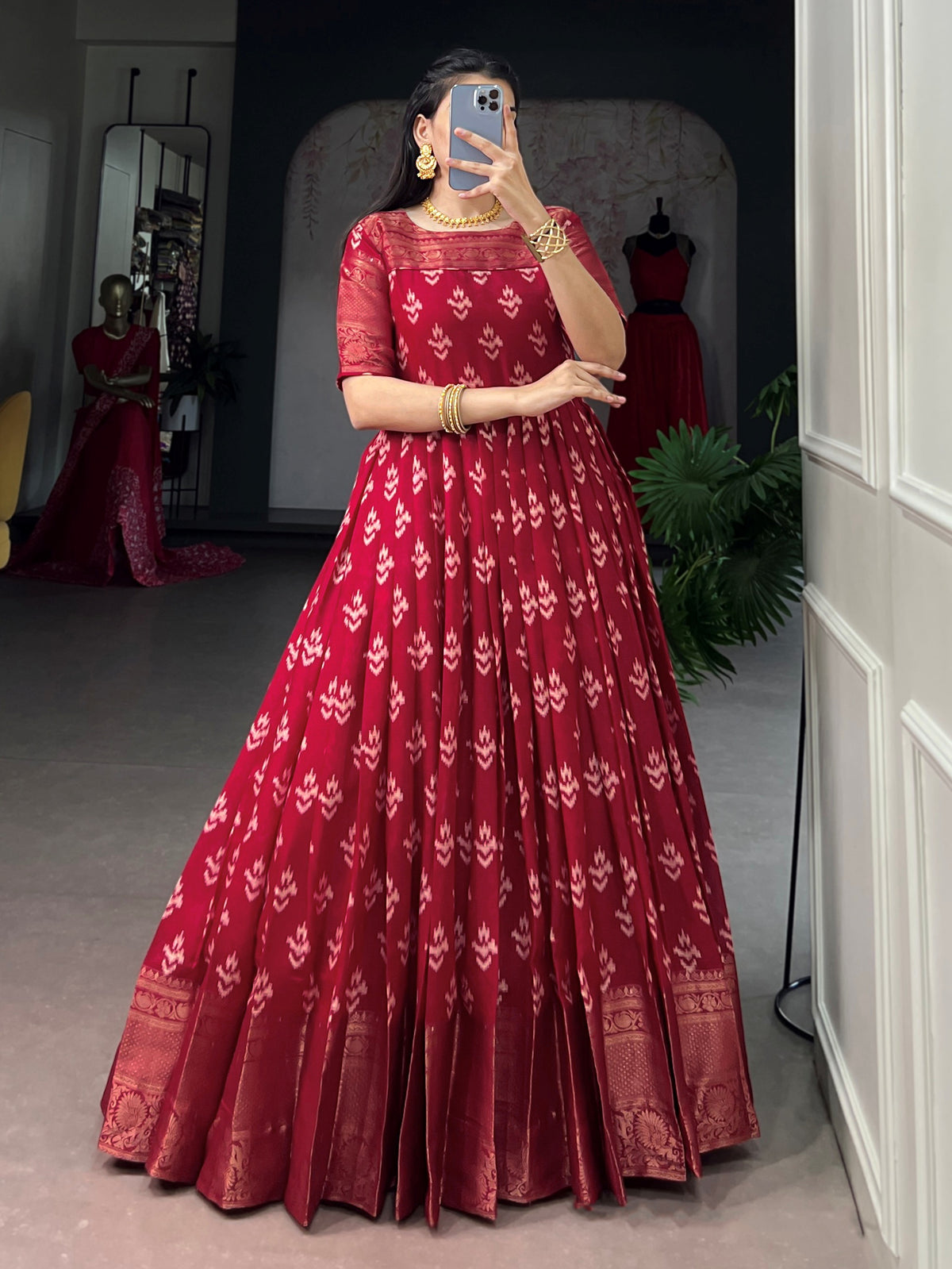Regal Maroon Zari Woven Cotton Festive Wear Gown
