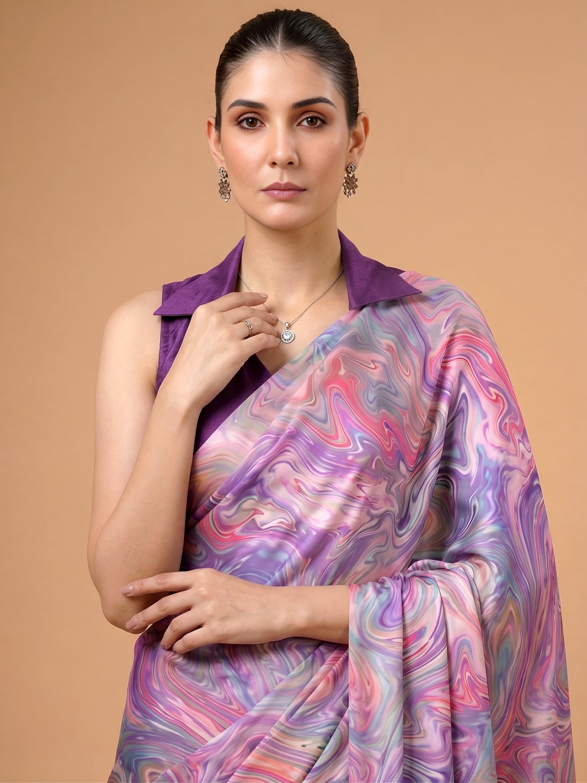 Wonderful Lavender Printed Satin Festive Wear Saree With Blouse