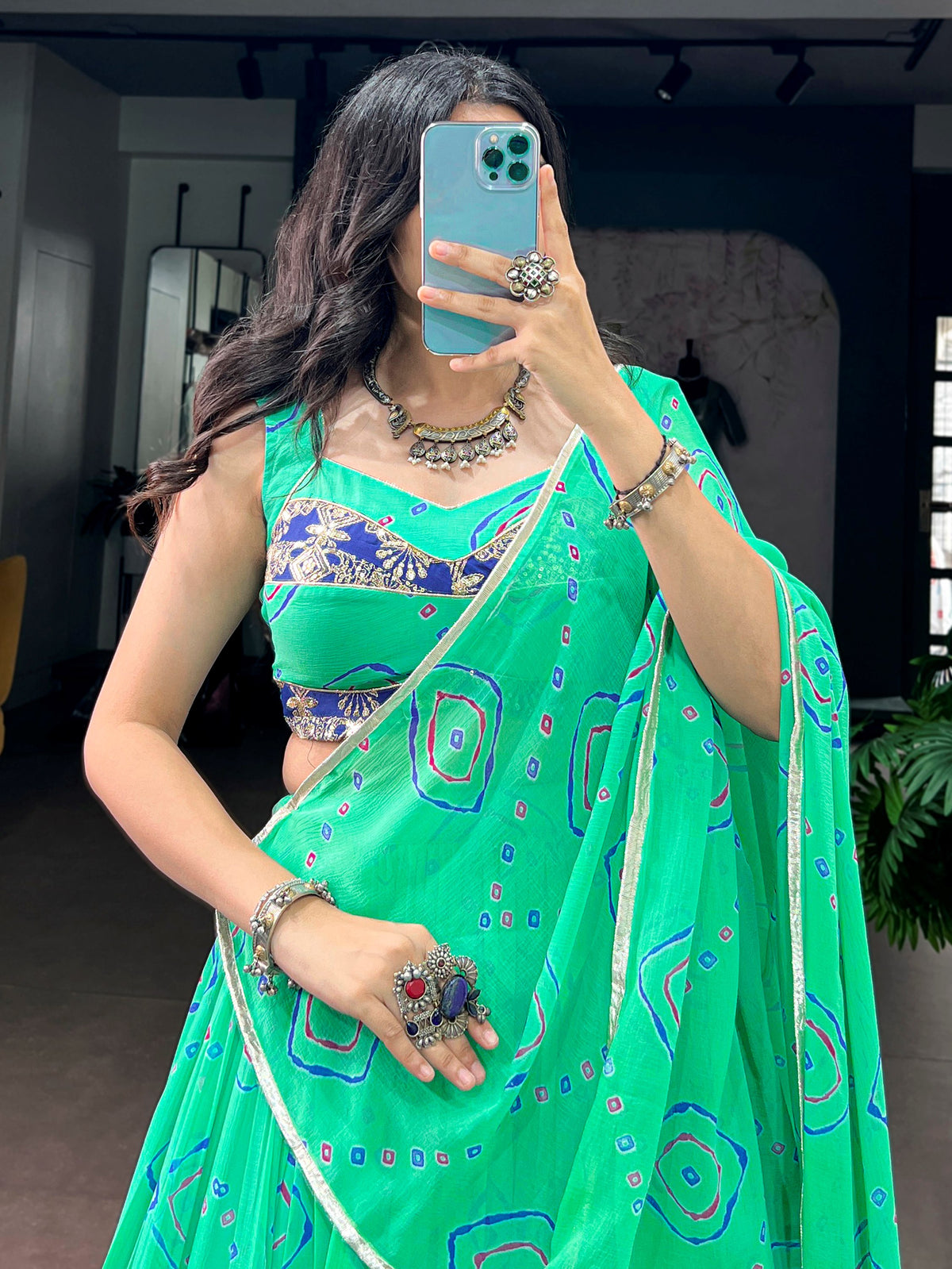 Fresh Green Bandhej Print Georgette Navratri Wear Lehenga Choli