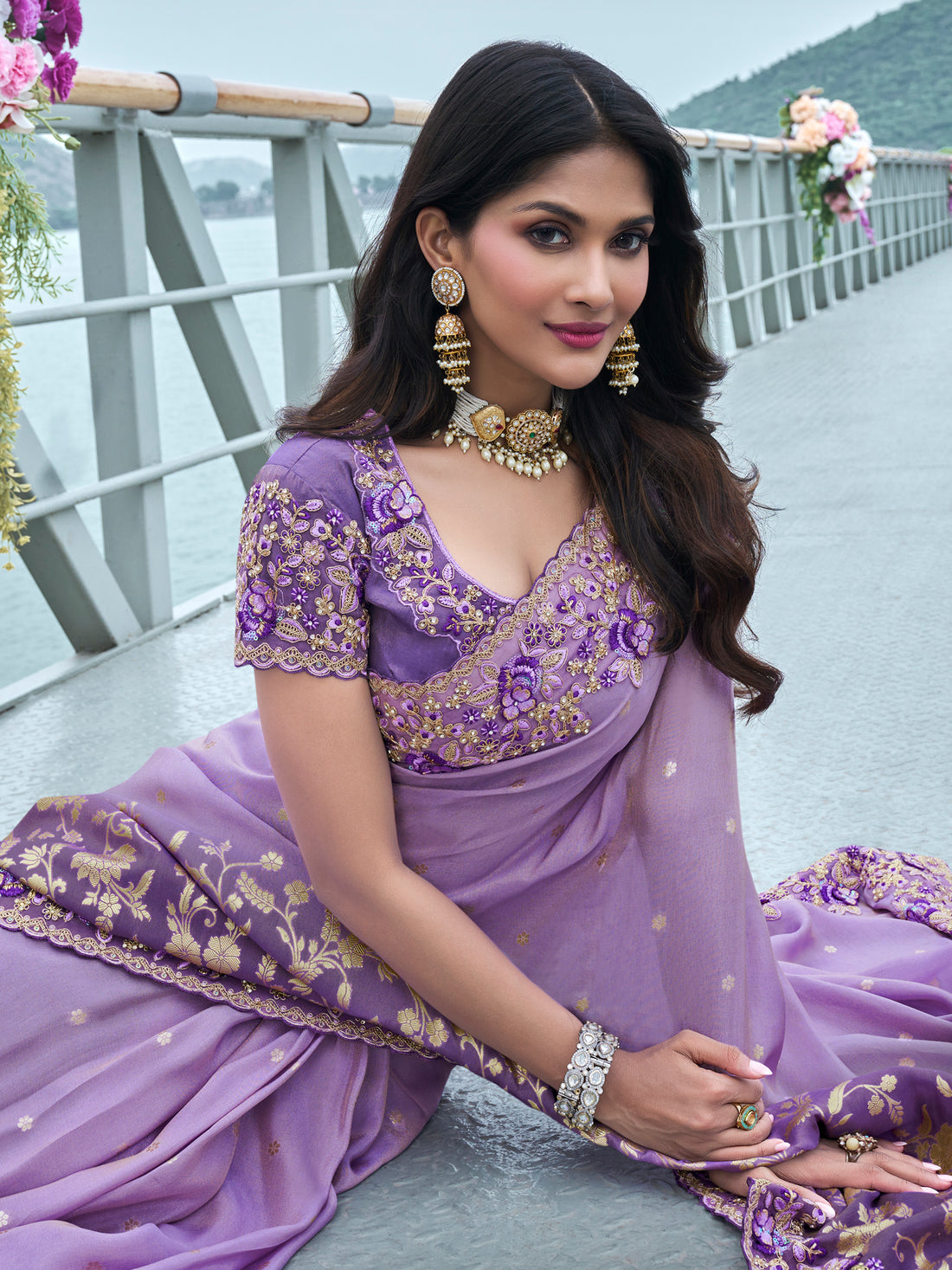 Charming Lavender Zari Weaving Organza Engagement Wear Saree