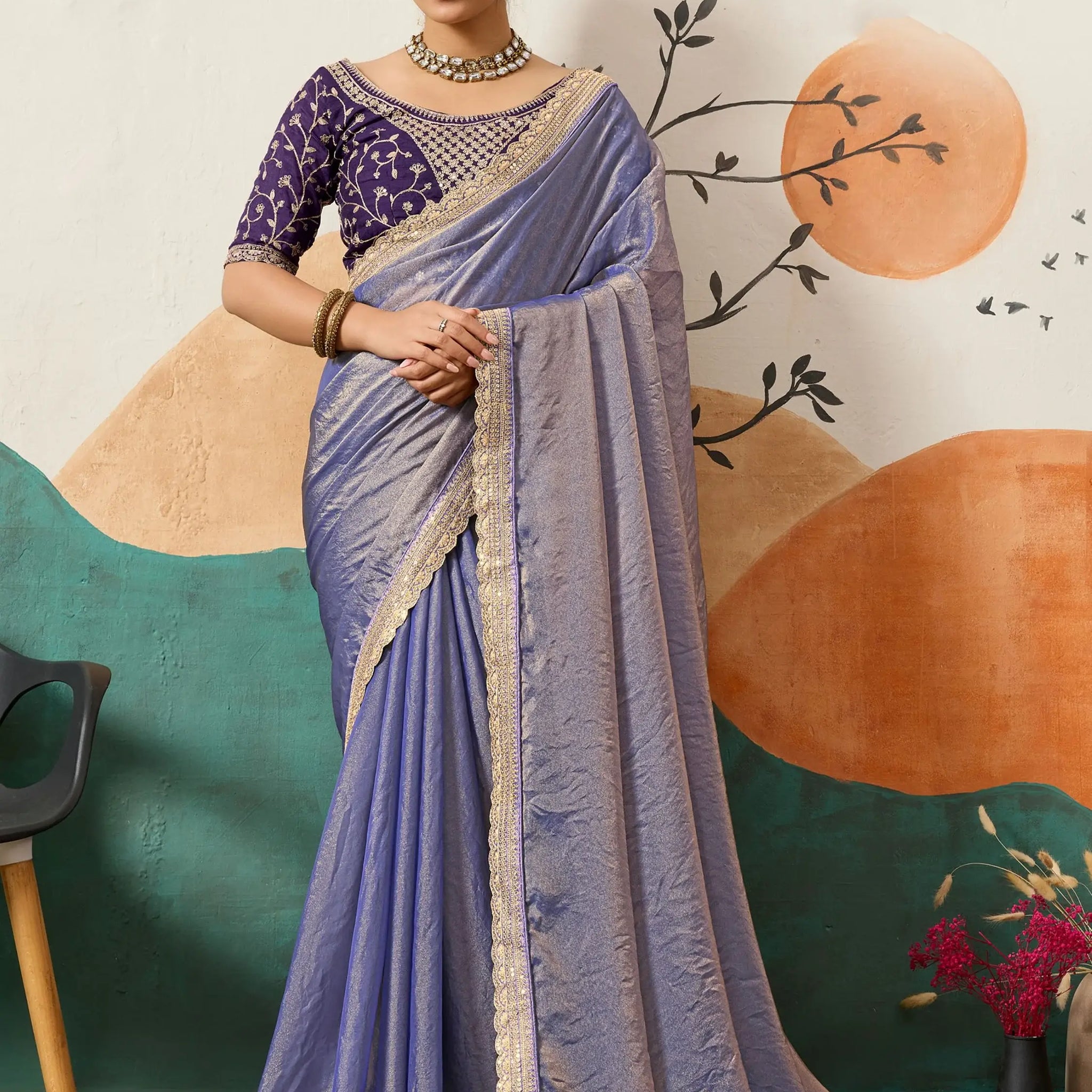 Sensational Purple Cording Work Silk Festive Wear Saree With Blouse