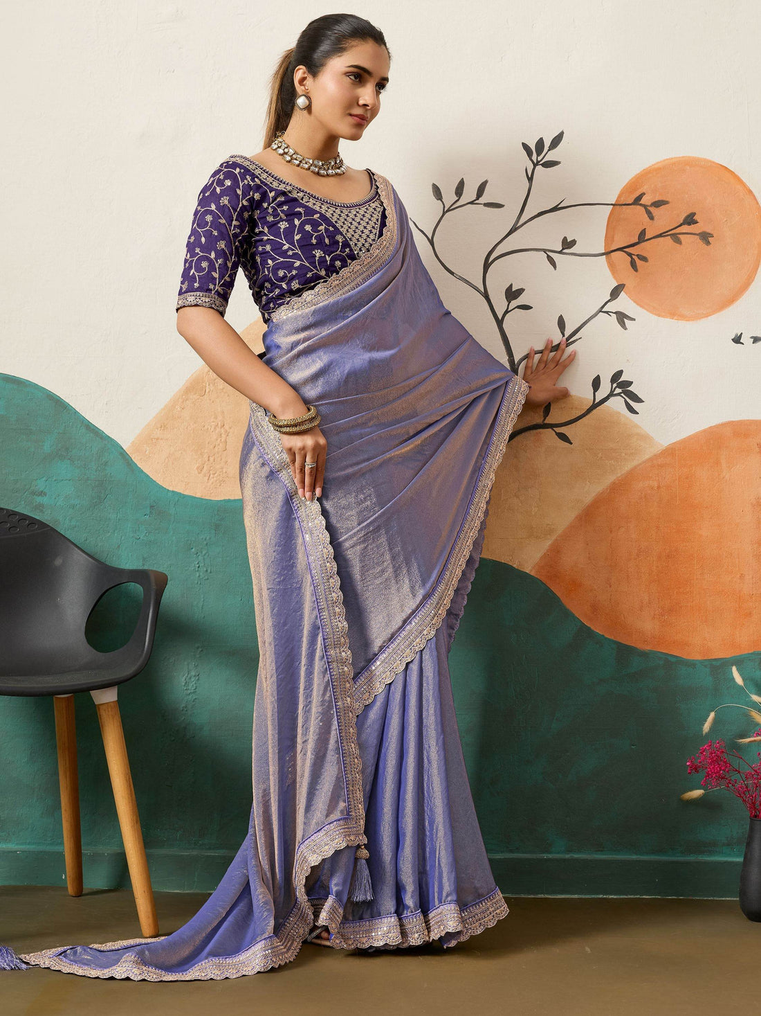 Sensational Purple Cording Work Silk Festive Wear Saree With Blouse