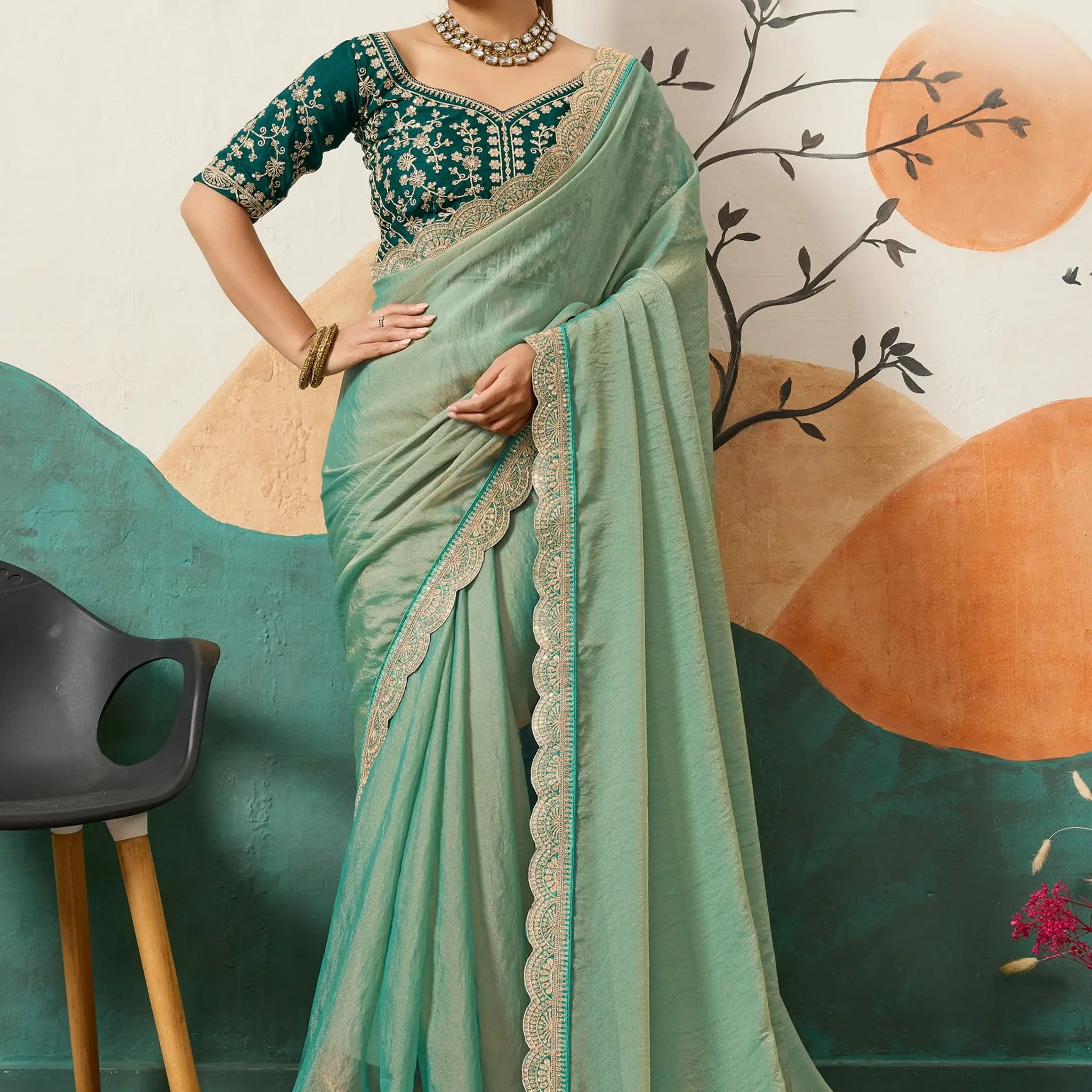 Dazzling Sea Green Embroidery Border Silk Evening Wear Saree With Blouse