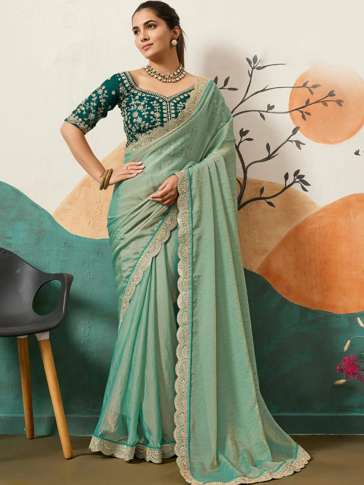 Dazzling Sea Green Embroidery Border Silk Evening Wear Saree With Blouse