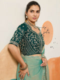 Dazzling Sea Green Embroidery Border Silk Evening Wear Saree With Blouse