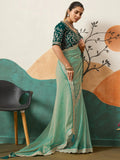 Dazzling Sea Green Embroidery Border Silk Evening Wear Saree With Blouse