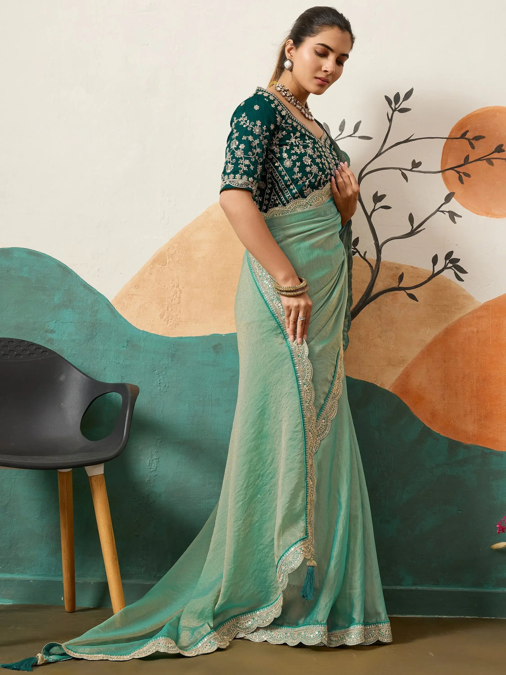 Dazzling Sea Green Embroidery Border Silk Evening Wear Saree With Blouse