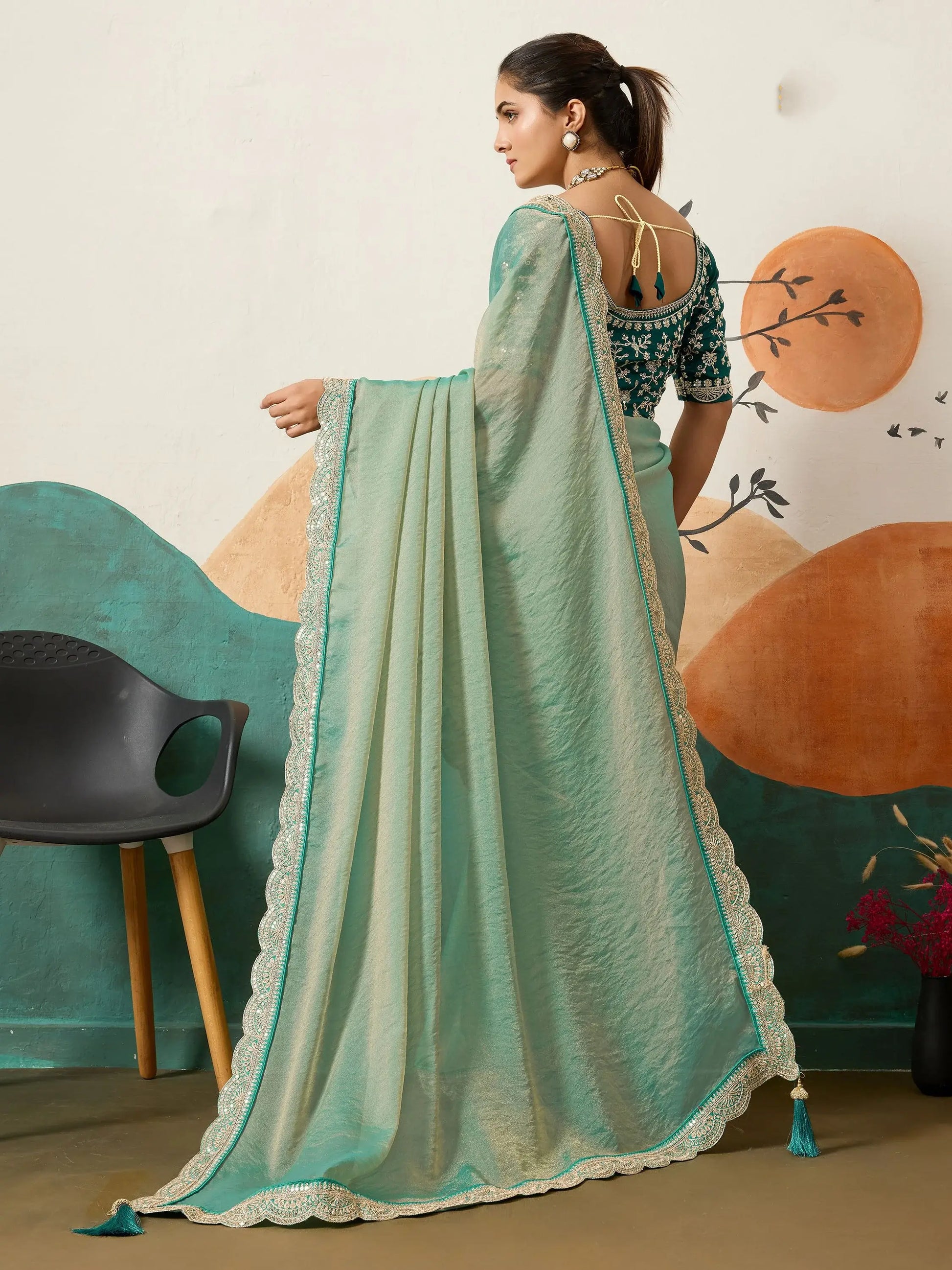 Dazzling Sea Green Embroidery Border Silk Evening Wear Saree With Blouse