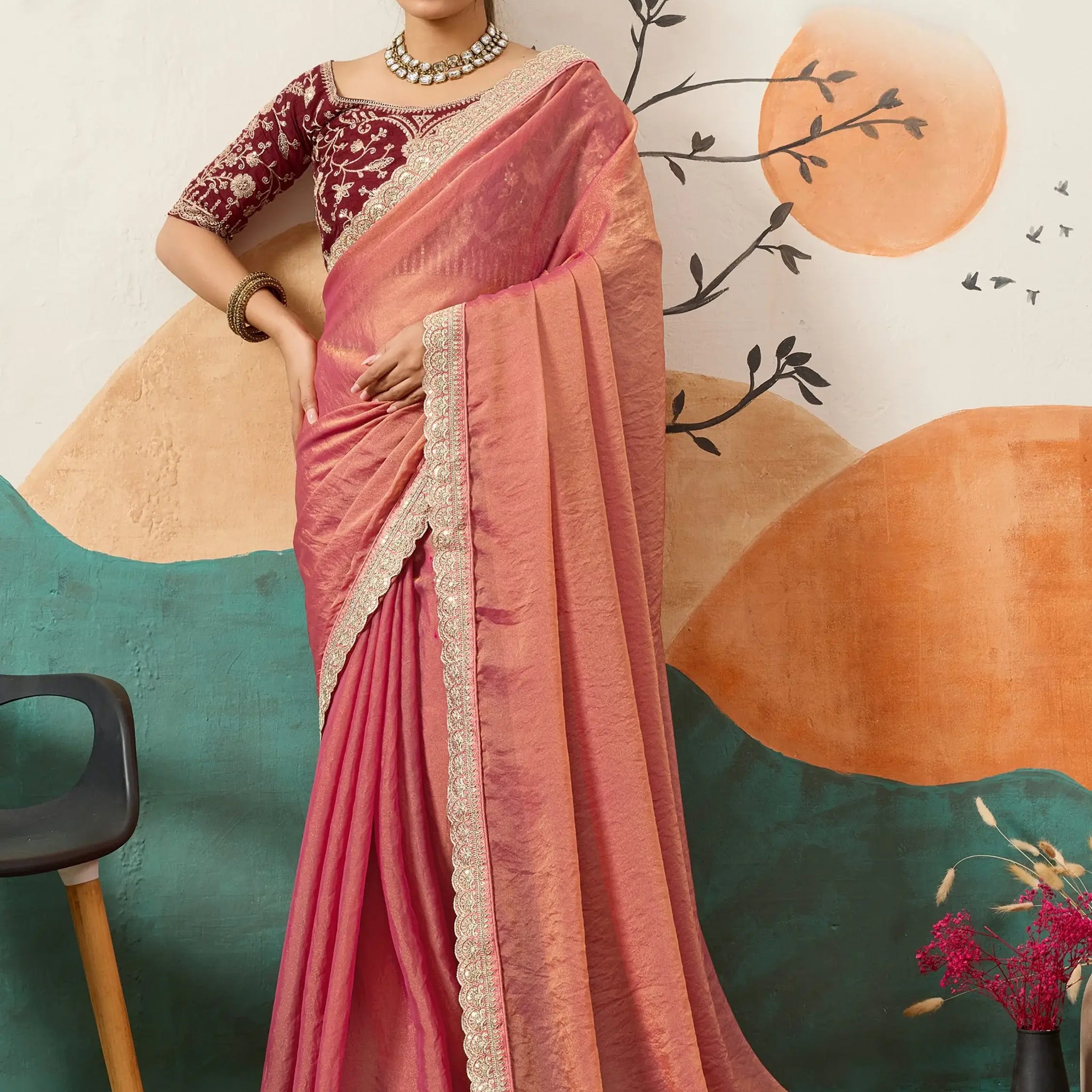 Rich Peach Sequins Border Silk Engagement Wear Saree With Blouse
