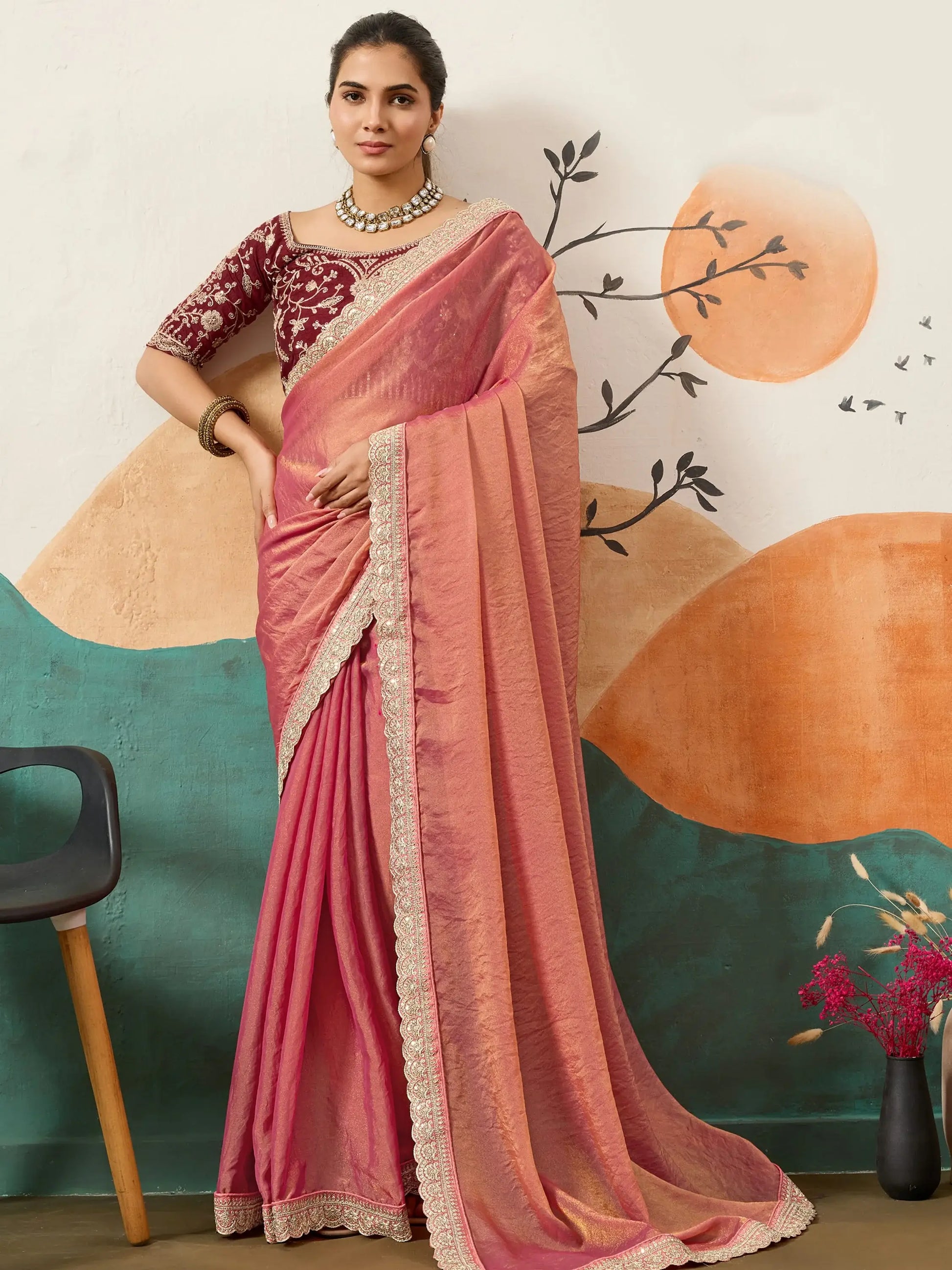 Rich Peach Sequins Border Silk Engagement Wear Saree With Blouse