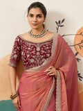 Rich Peach Sequins Border Silk Engagement Wear Saree With Blouse