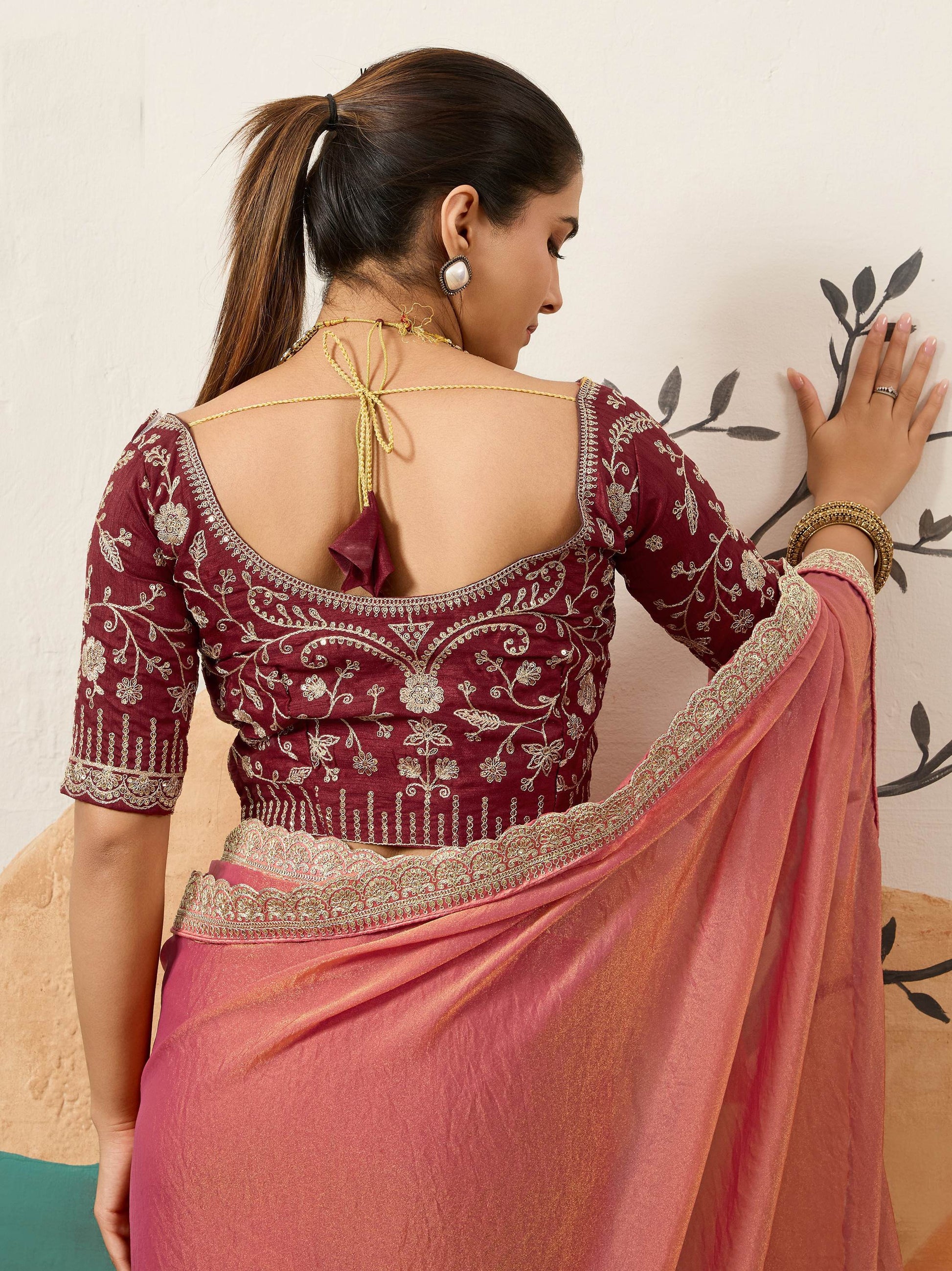 Rich Peach Sequins Border Silk Engagement Wear Saree With Blouse