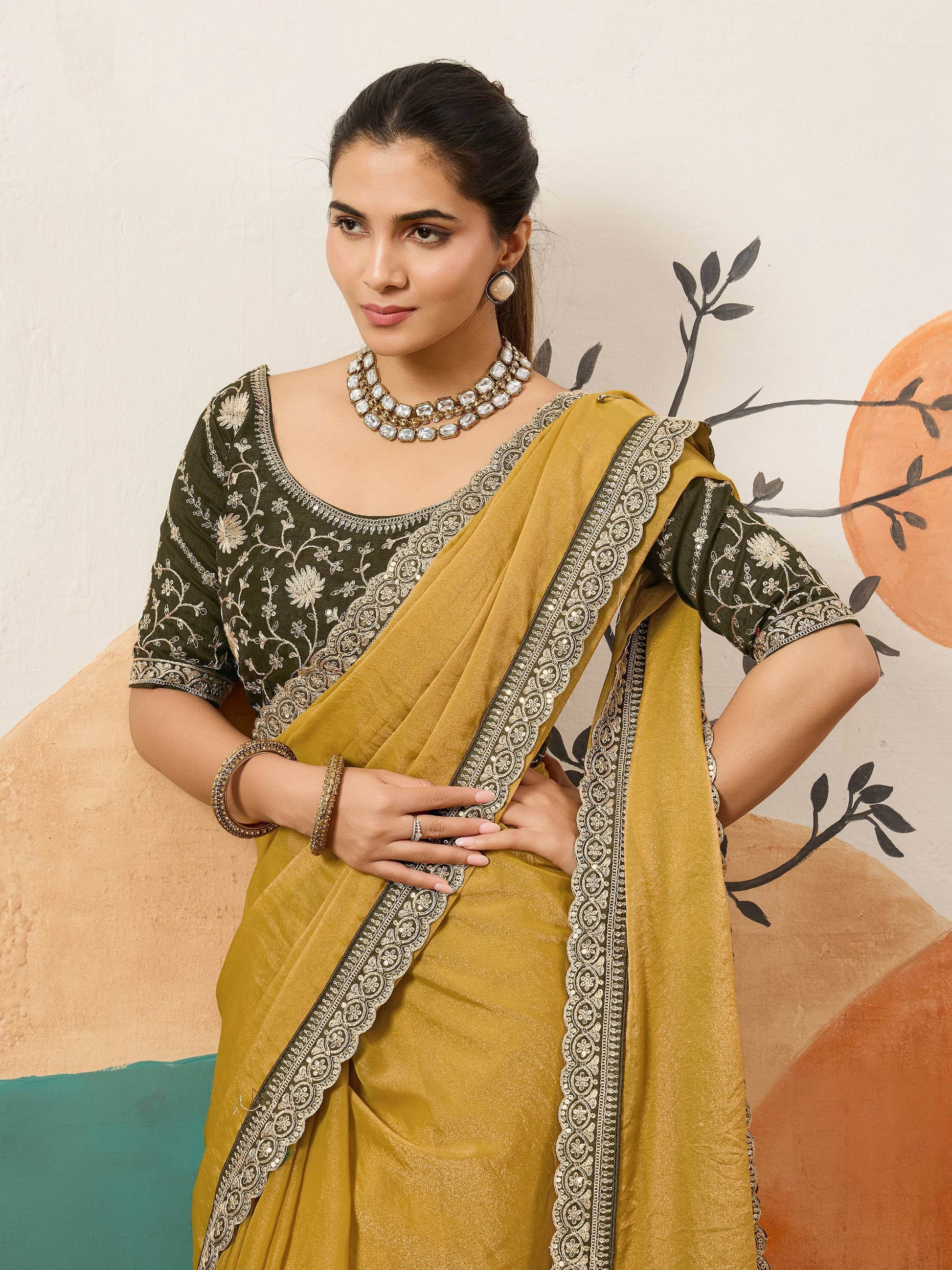 Great Yellow Coding Border Work Silk Function Wear Saree With Blouse