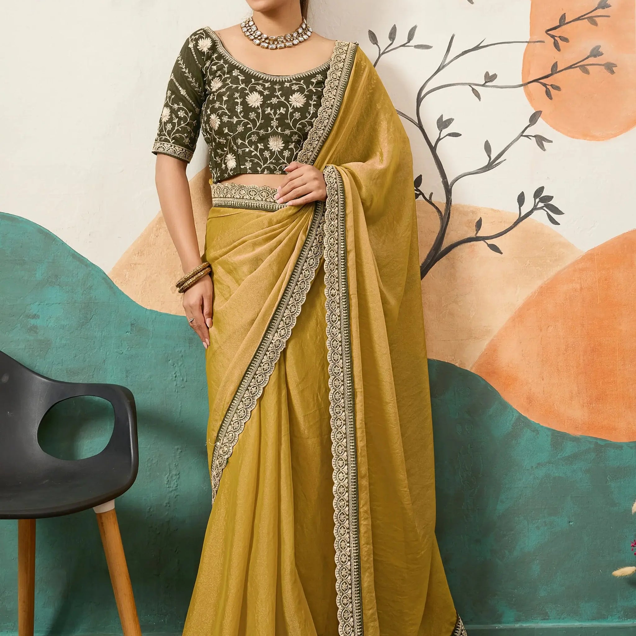 Great Yellow Coding Border Work Silk Function Wear Saree With Blouse