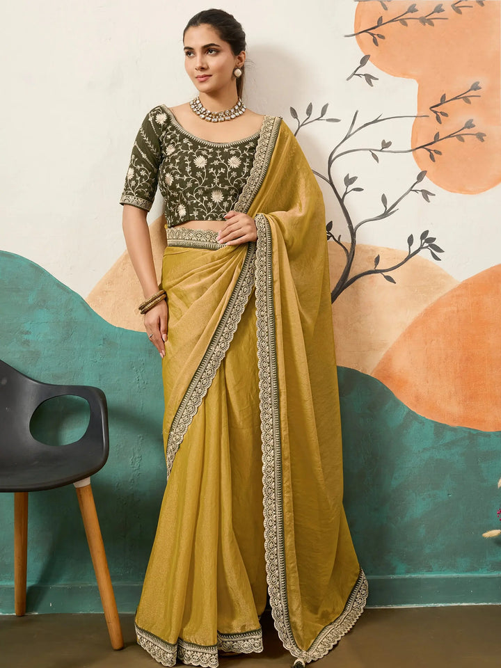 Great Yellow Coding Border Work Silk Function Wear Saree With Blouse