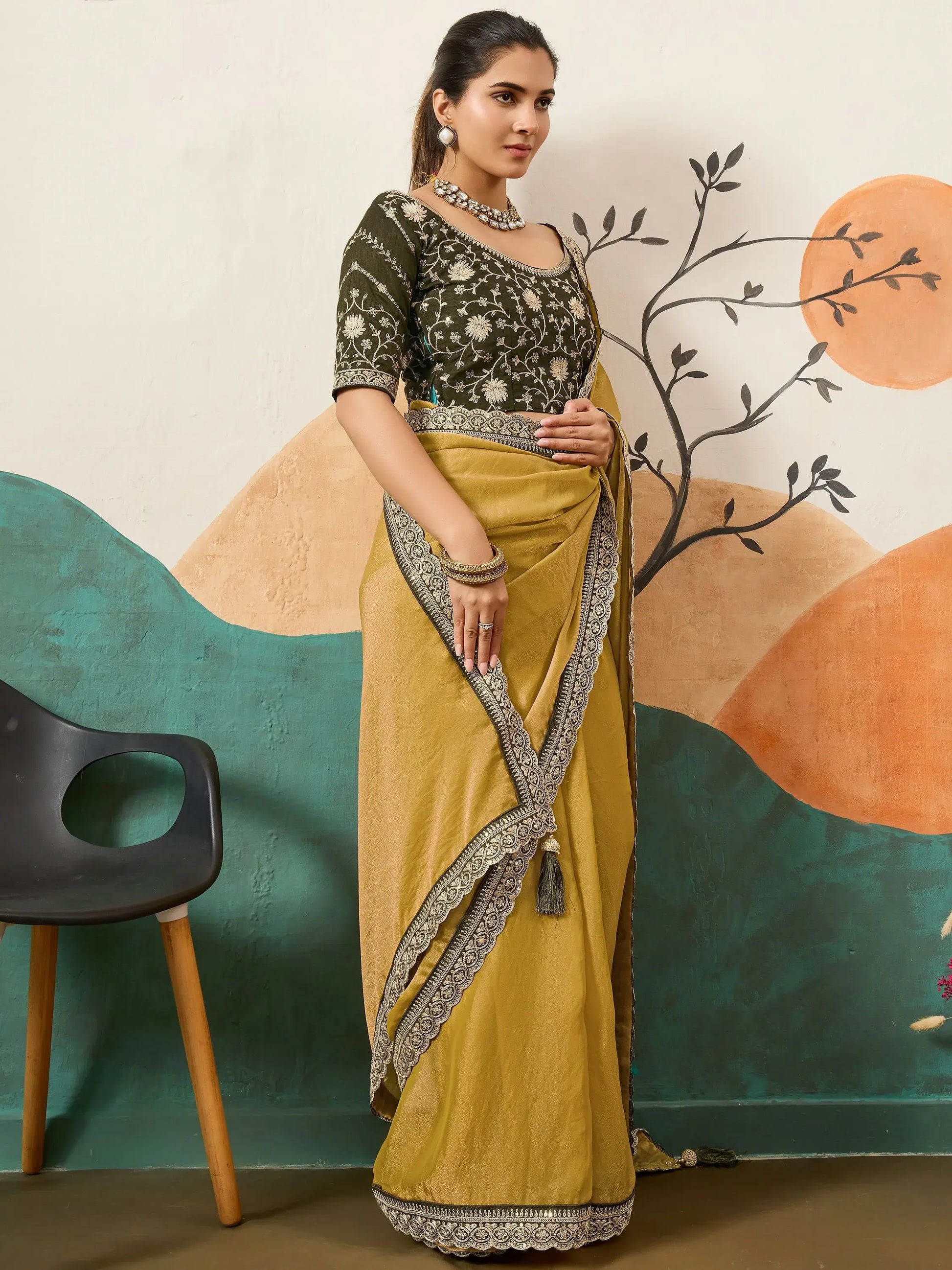 Great Yellow Coding Border Work Silk Function Wear Saree With Blouse
