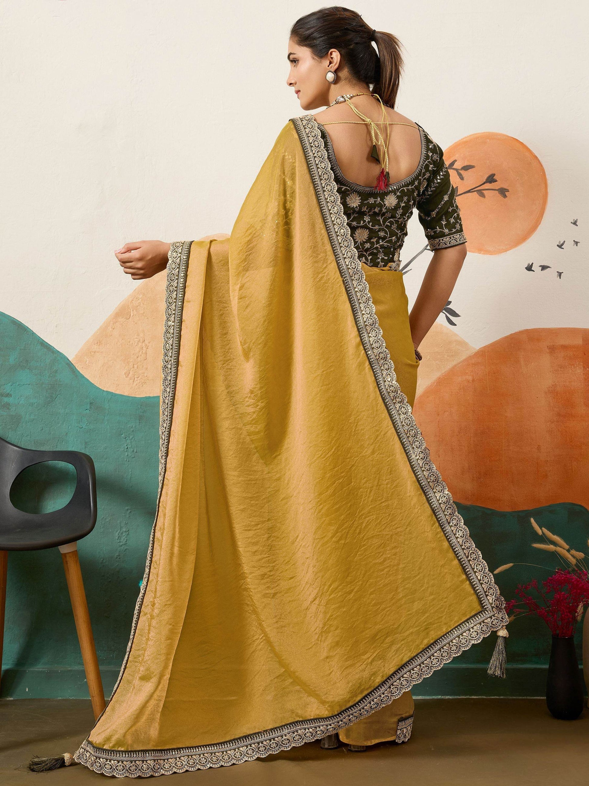 Great Yellow Coding Border Work Silk Function Wear Saree With Blouse