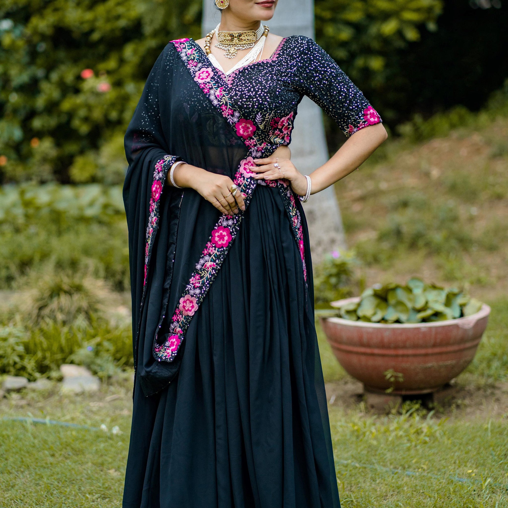 Classy Black Georgette Festive Wear Lehenga With Sequins Work Blouse