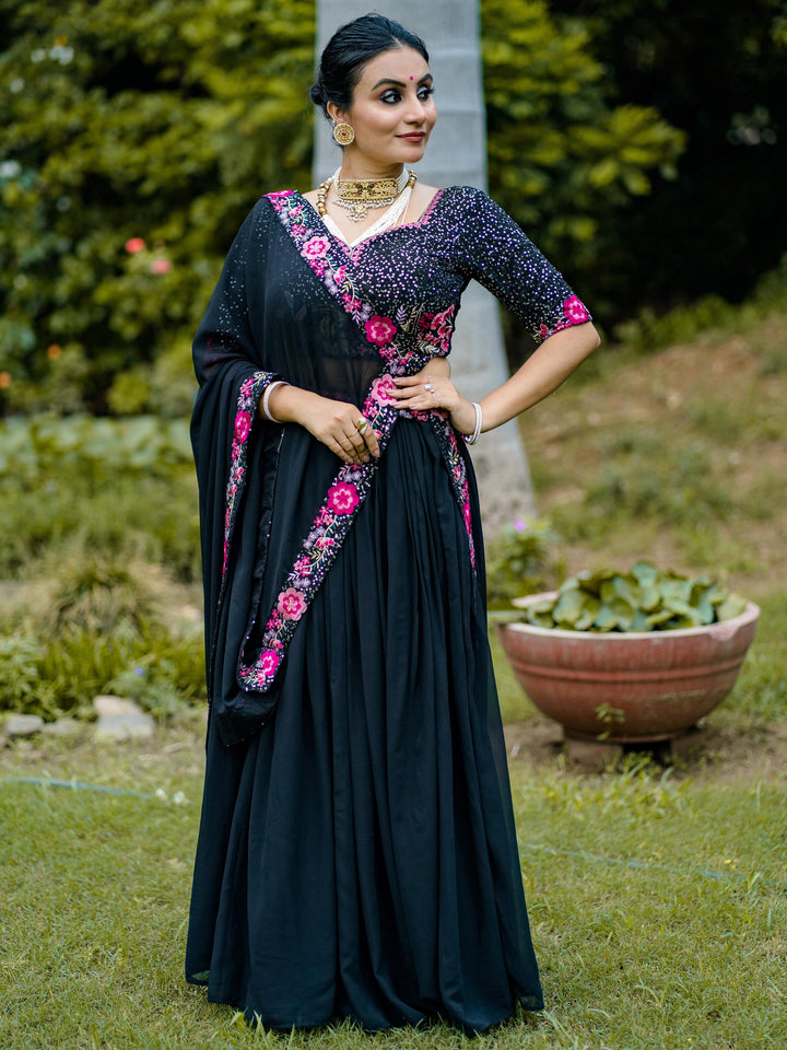 Classy Black Georgette Festive Wear Lehenga With Sequins Work Blouse