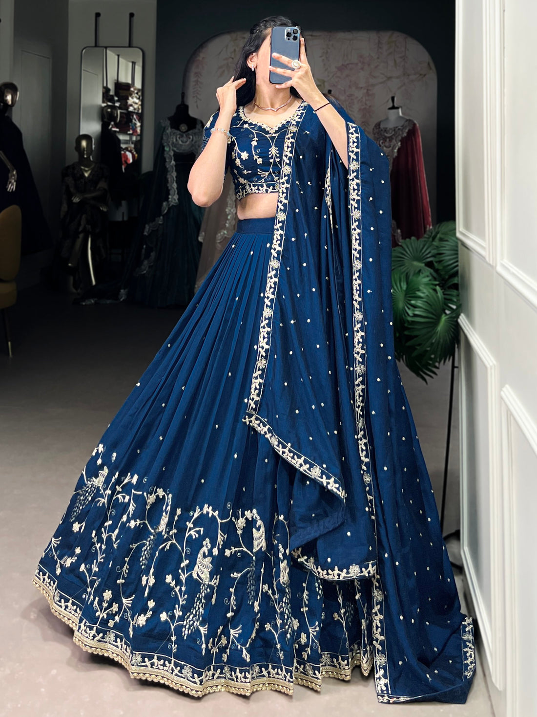 Luxurious Teal Blue Embroidered Vichitra Silk Party Wear Lehenga Choli With Dupatta