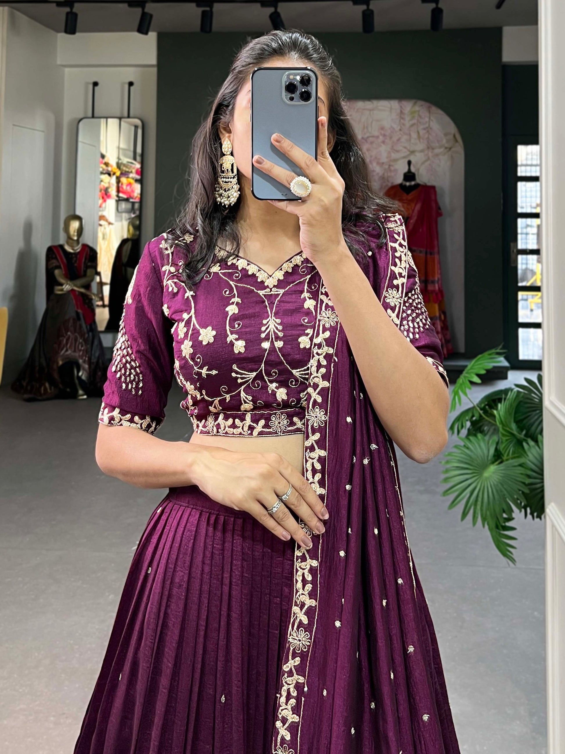 Timeless Wine Thread Embroidered Vichitra Silk Engagement Wear Lehenga Choli