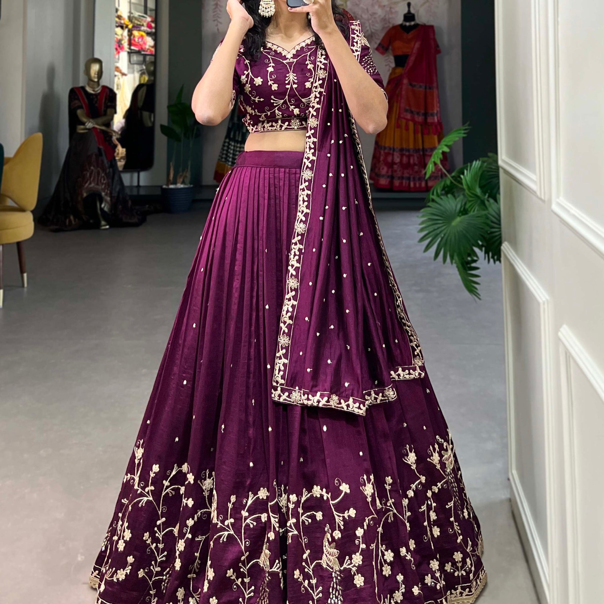 Timeless Wine Thread Embroidered Vichitra Silk Engagement Wear Lehenga Choli