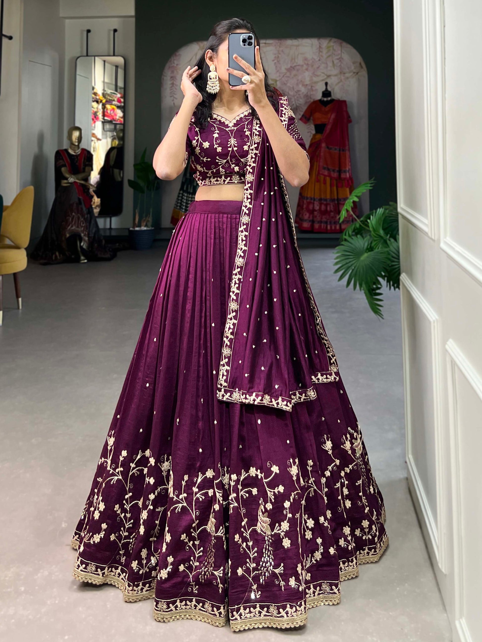 Timeless Wine Thread Embroidered Vichitra Silk Engagement Wear Lehenga Choli