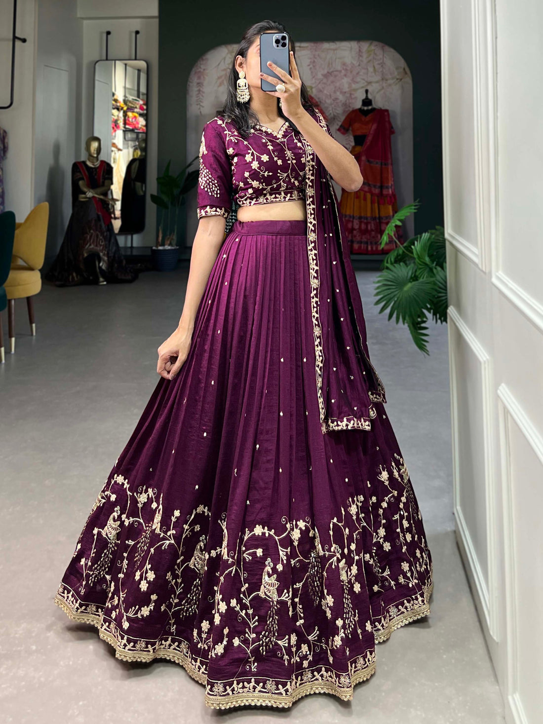 Timeless Wine Thread Embroidered Vichitra Silk Engagement Wear Lehenga Choli