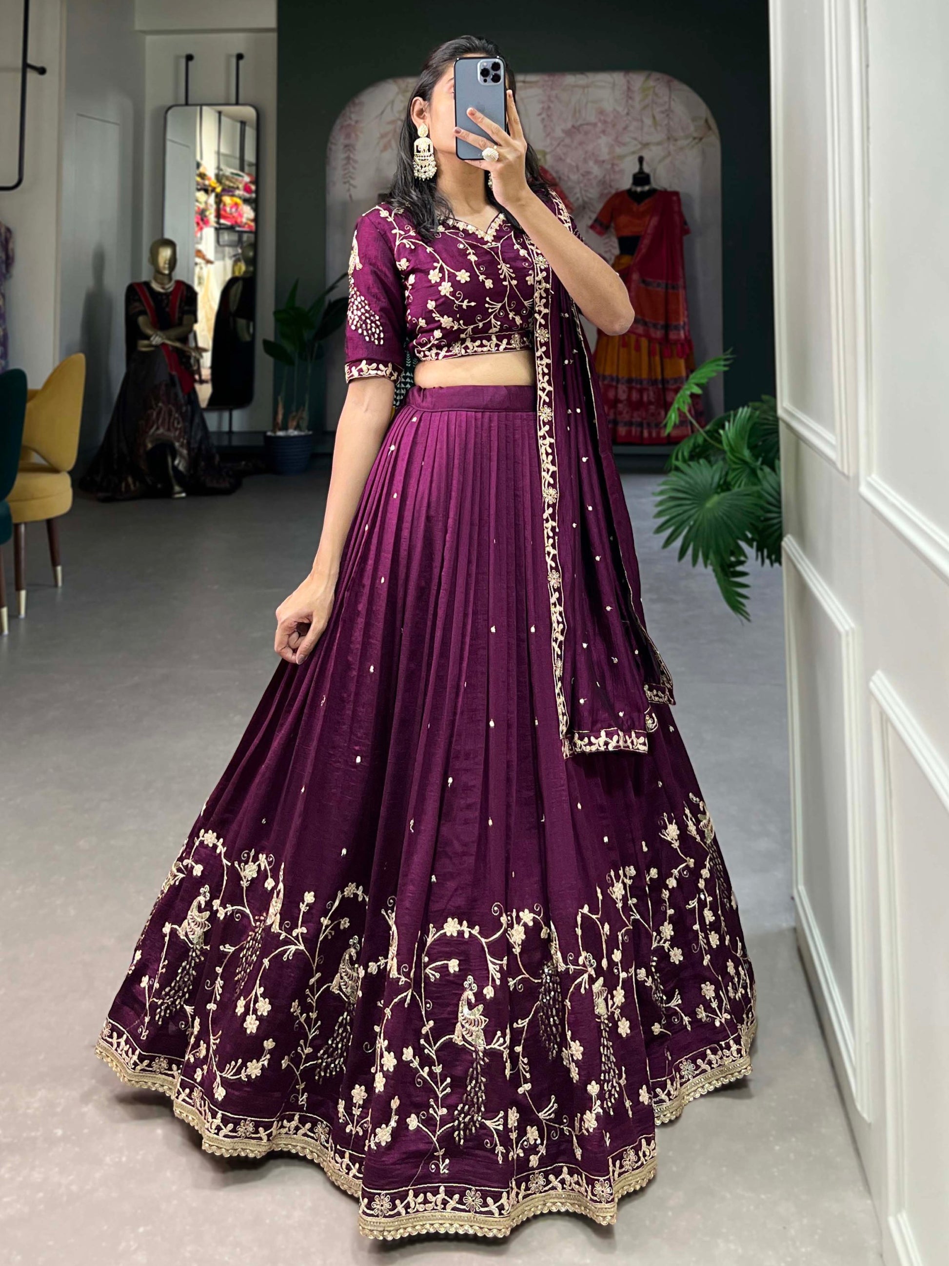 Timeless Wine Thread Embroidered Vichitra Silk Engagement Wear Lehenga Choli