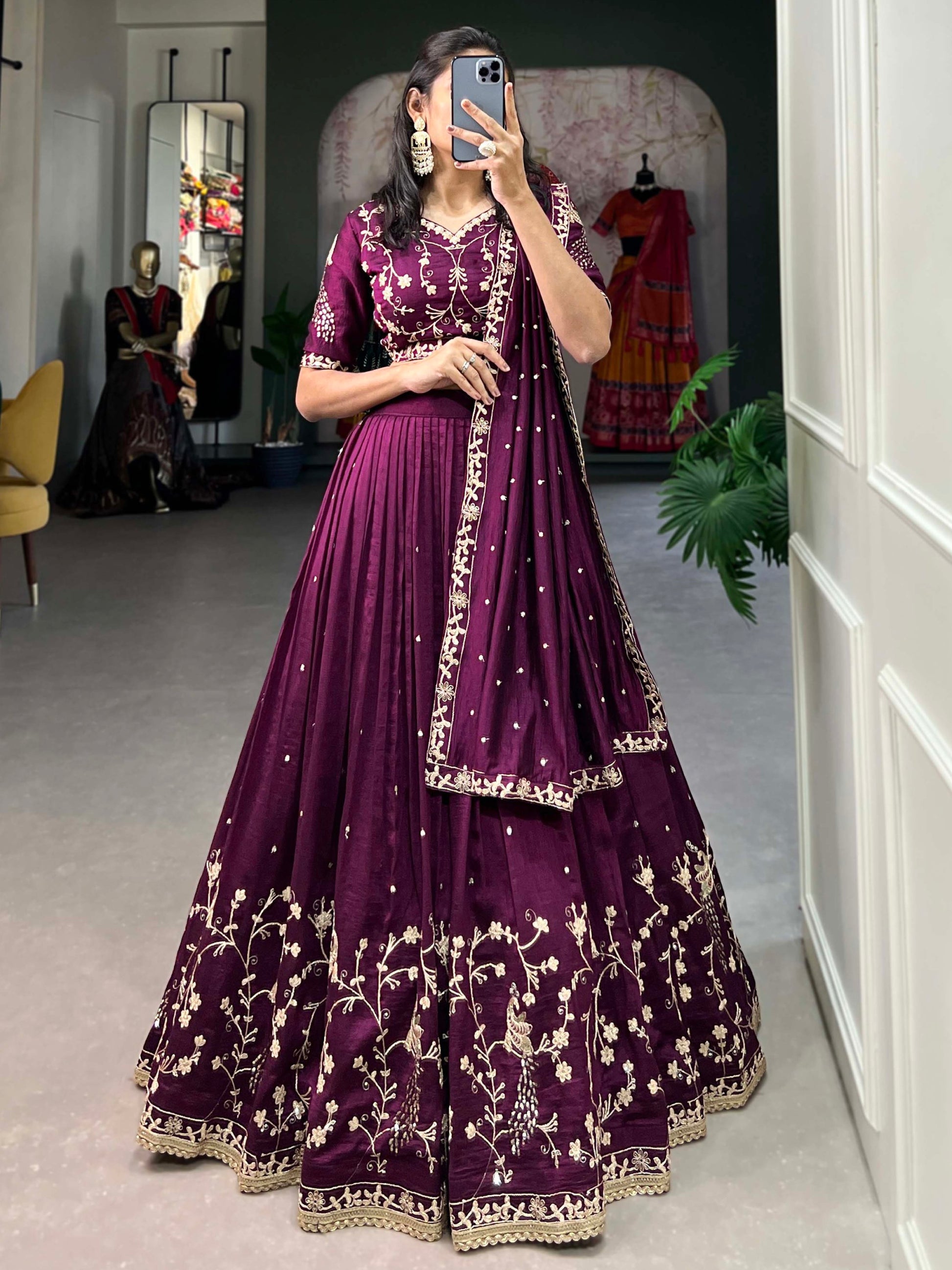 Timeless Wine Thread Embroidered Vichitra Silk Engagement Wear Lehenga Choli