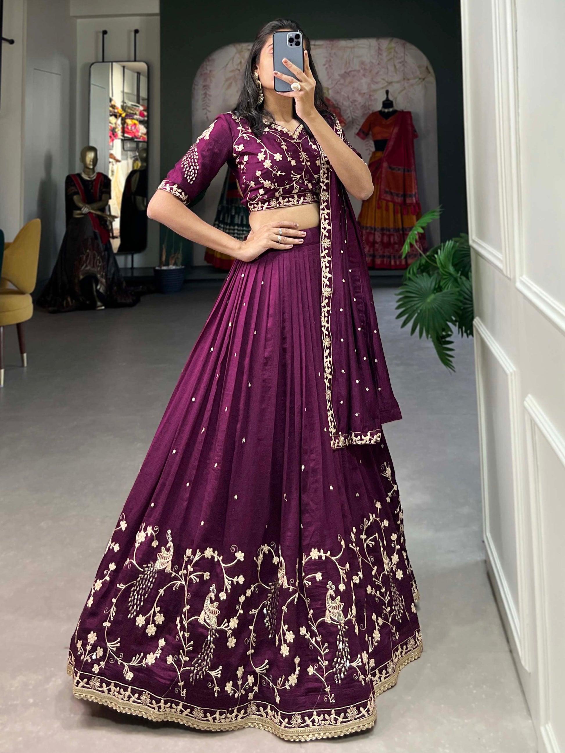 Timeless Wine Thread Embroidered Vichitra Silk Engagement Wear Lehenga Choli