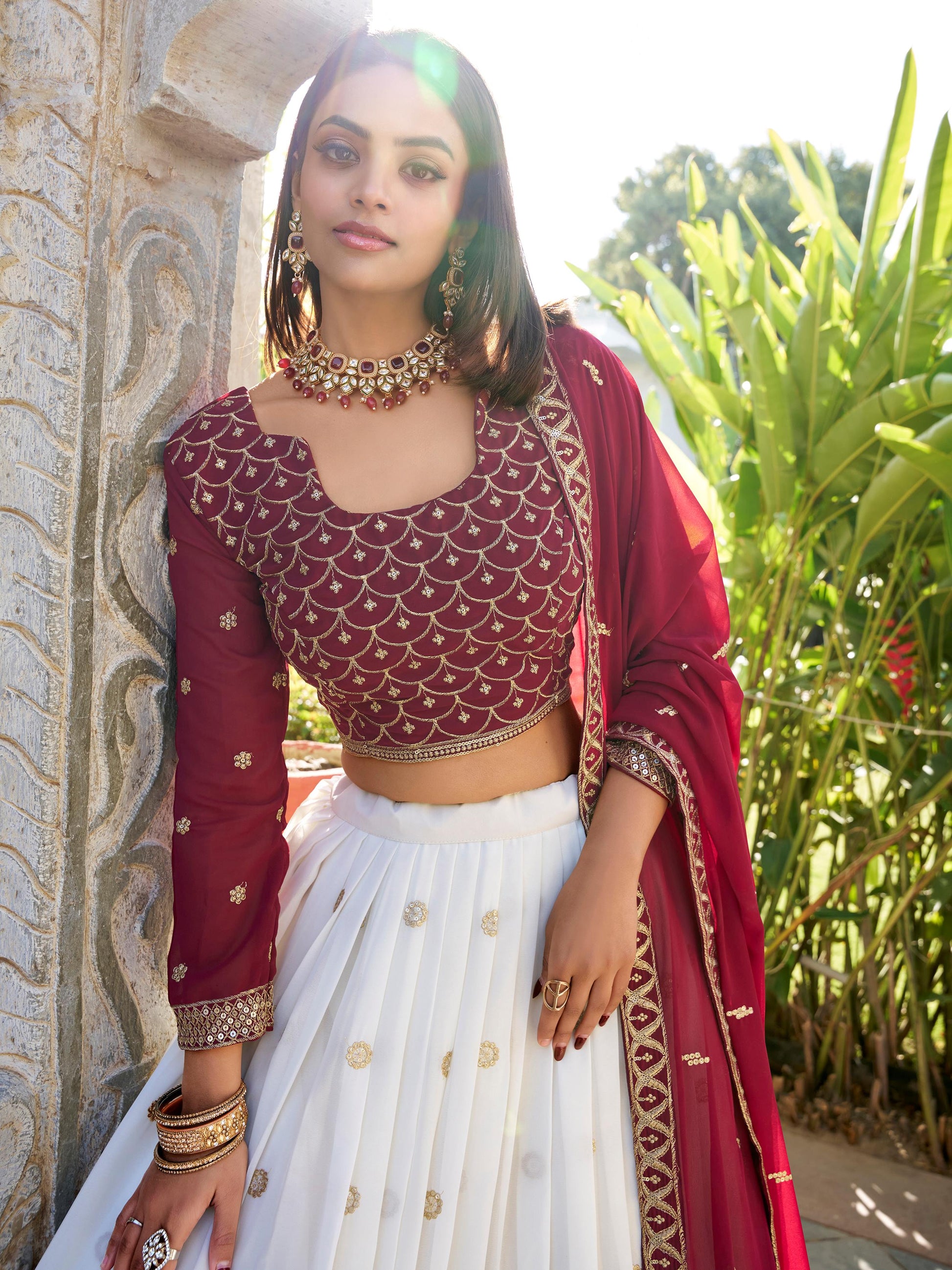 Wonderful White Thread Work Georgette Lehenga Choli With Dupatta