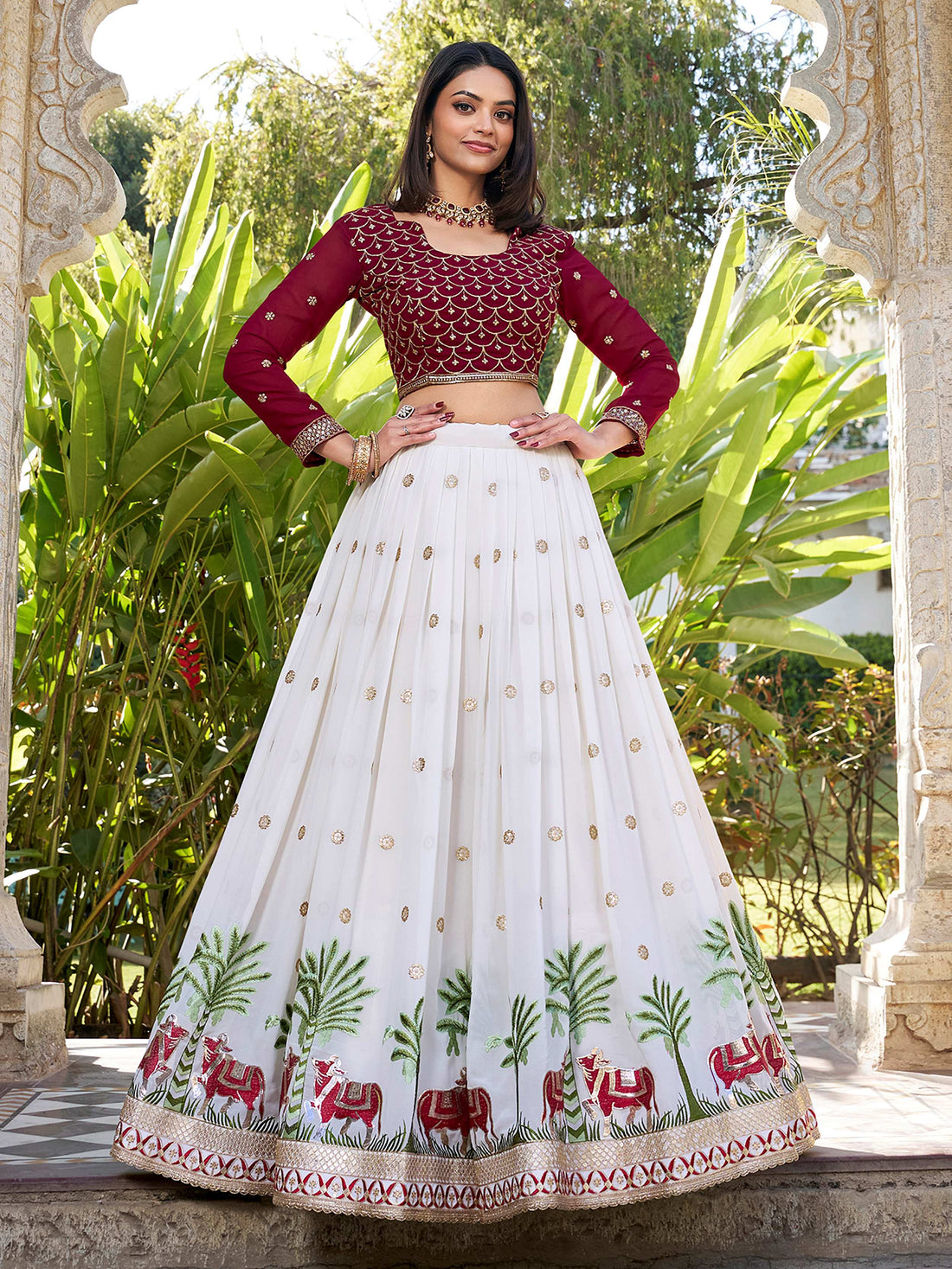 Wonderful White Thread Work Georgette Lehenga Choli With Dupatta