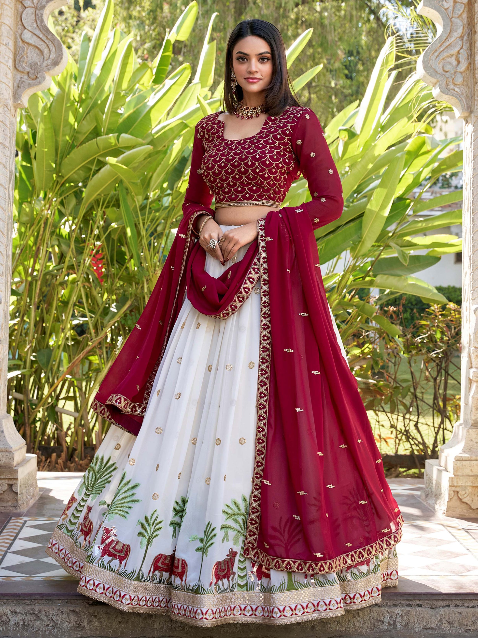 Wonderful White Thread Work Georgette Lehenga Choli With Dupatta